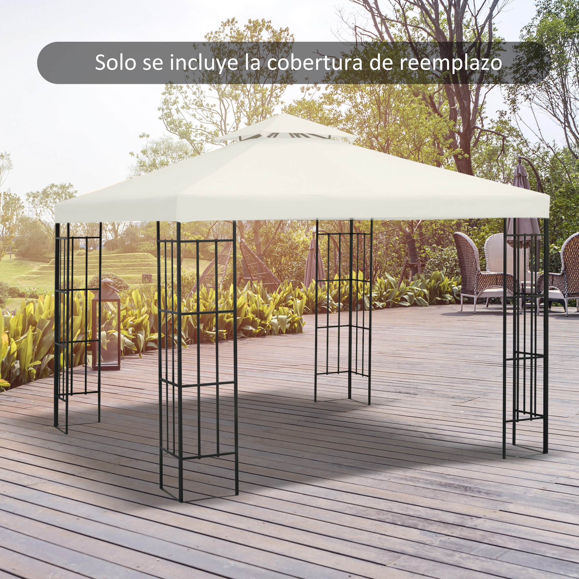 Un cenador color crema con marco de metal negro sobre una terraza de madera al aire libre.