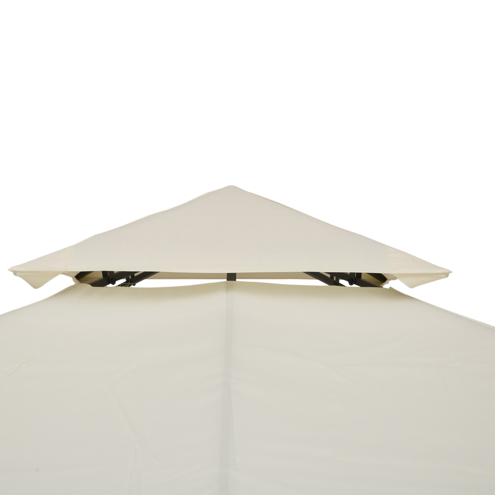 Techo de cenador beige con marco metálico negro y ventilación.