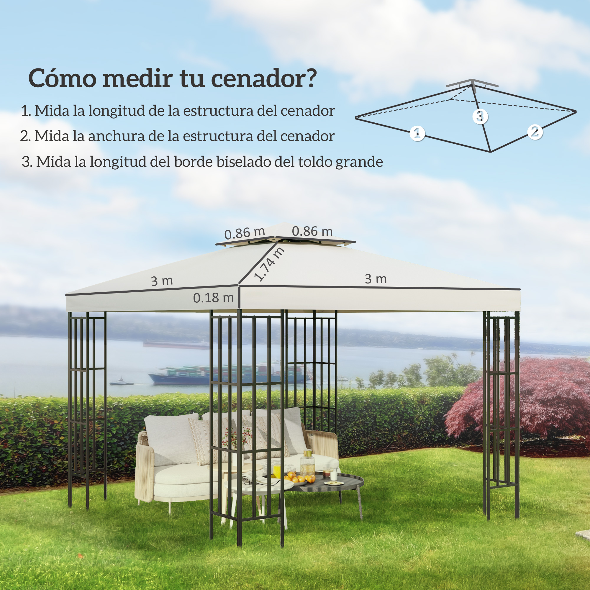 Un cenador con dimensiones, muebles y un paisaje acuático al fondo.
