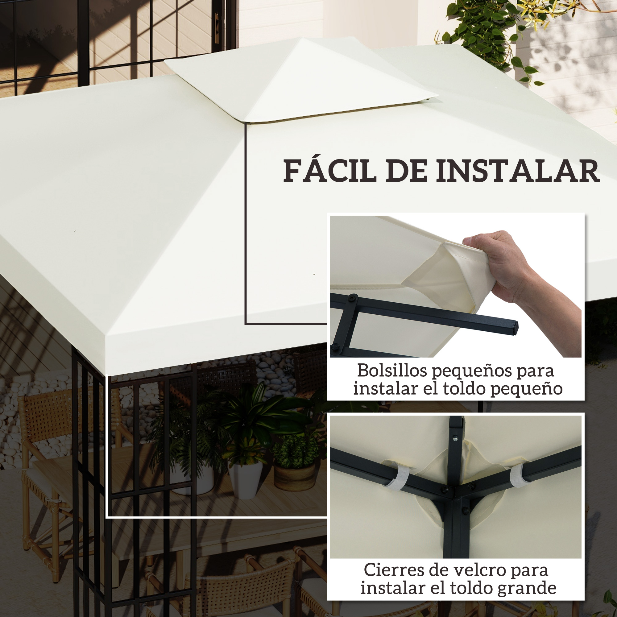 Se muestra un toldo blanco con detalles para una fácil instalación.
