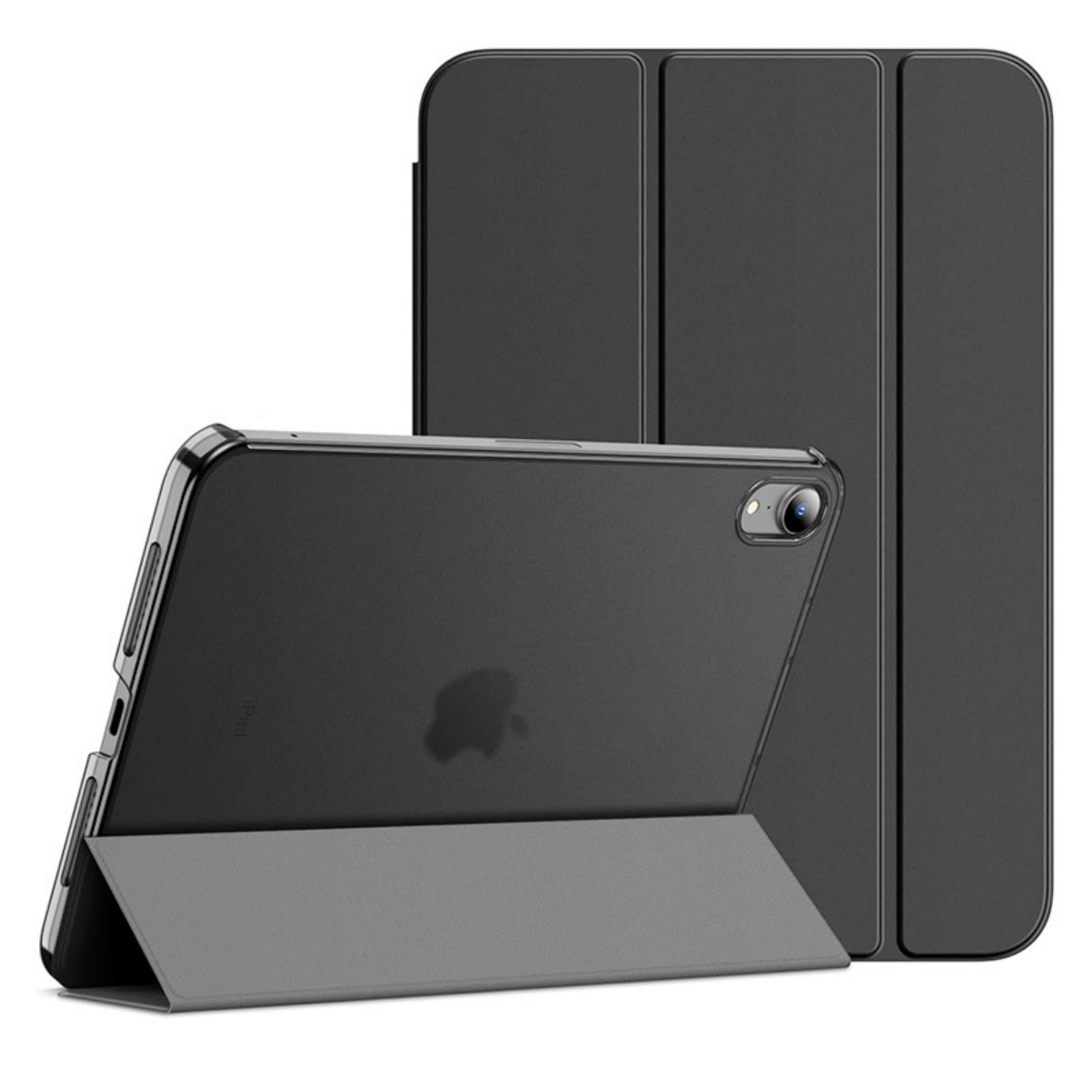Ein schwarzes Tablet mit einer Schutzhülle, das aufrecht steht.