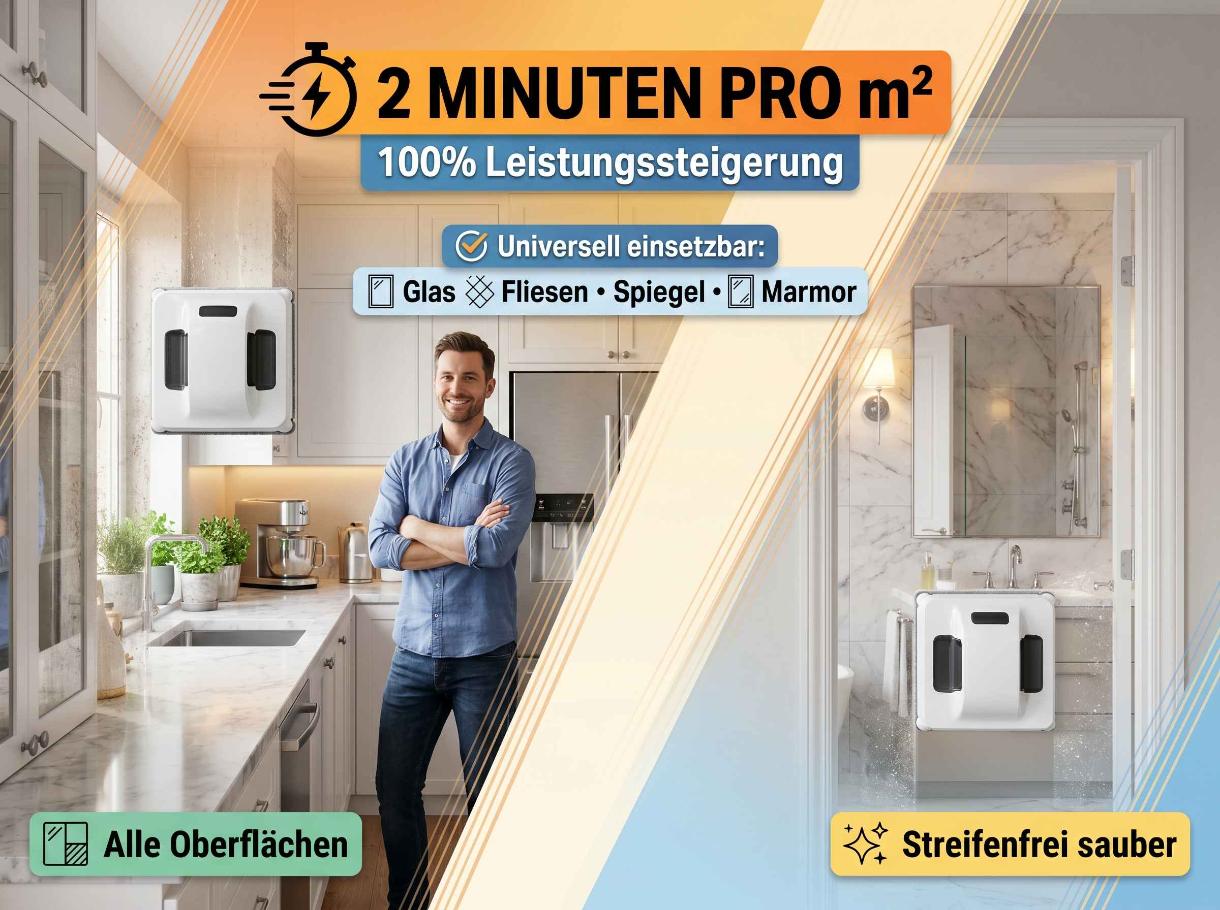 Ein Roboter reinigt Fenster und Spiegel, 2 Min/m², für Glas, Fliesen, Marmor.