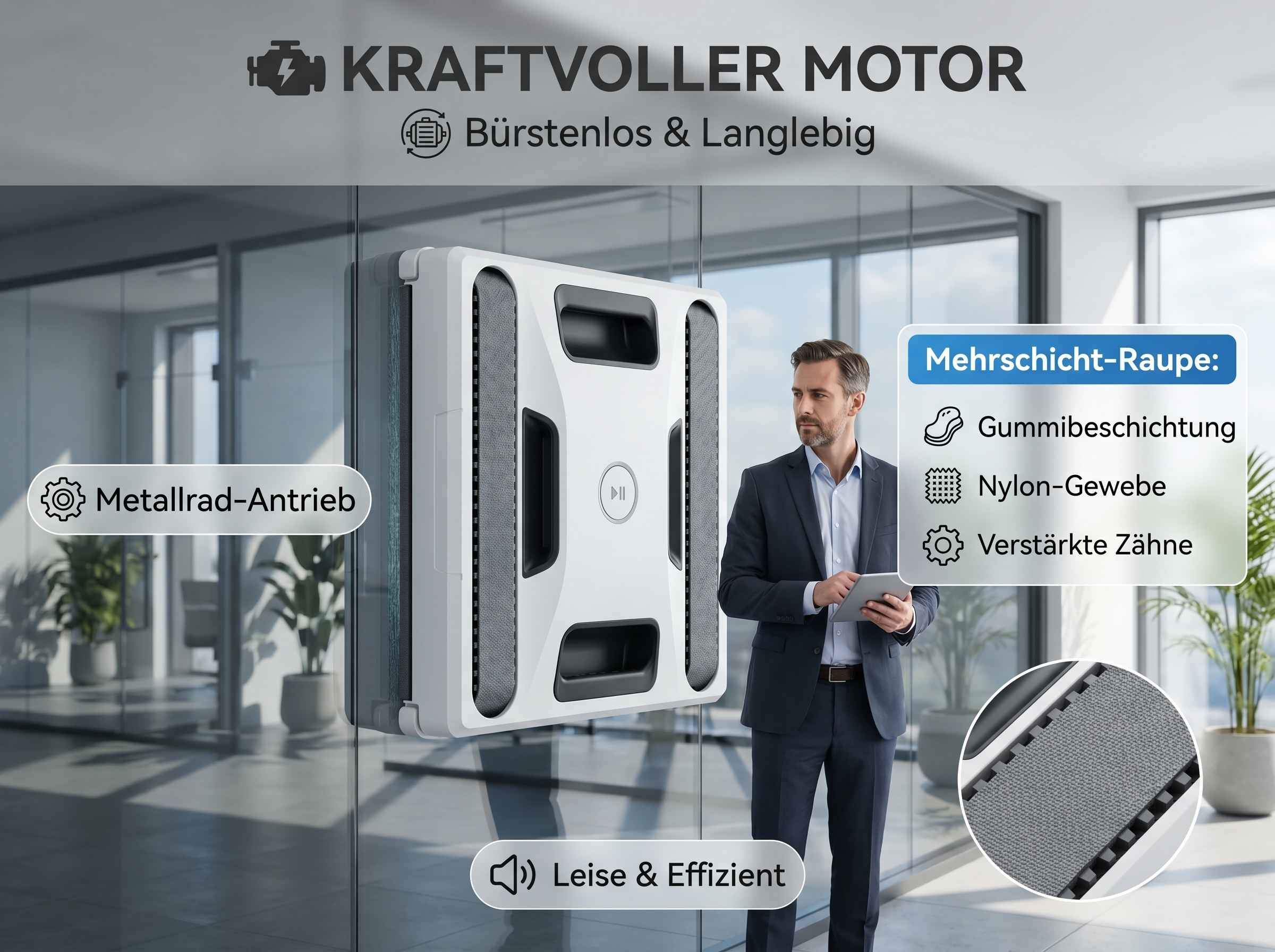 Ein Mann im Anzug hält ein Tablet neben einem weißen Fensterreinigungsroboter an einer Glaswand.