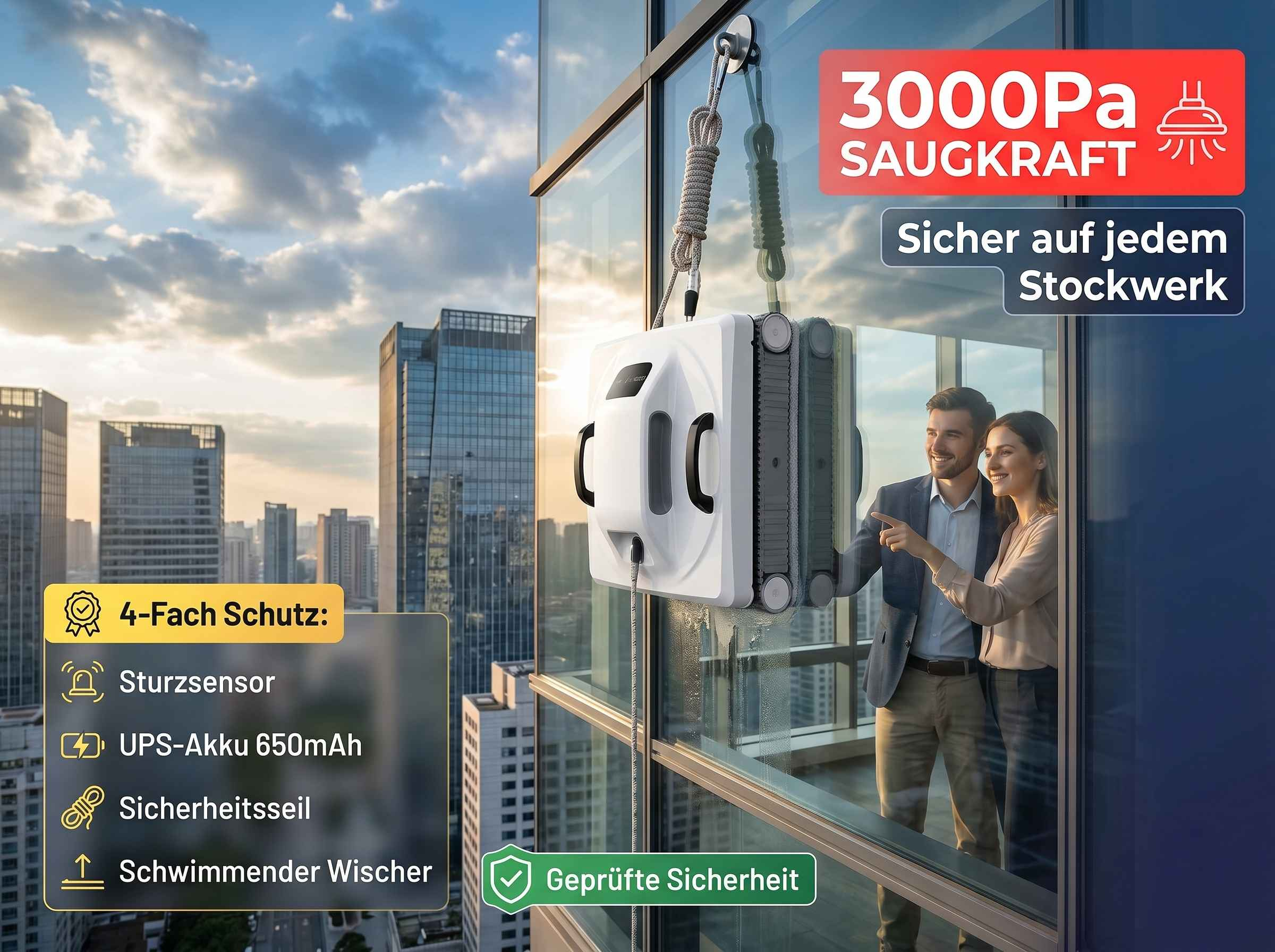 Fensterreinigungsroboter mit 3000Pa Saugkraft, sicher auf jedem Stockwerk.