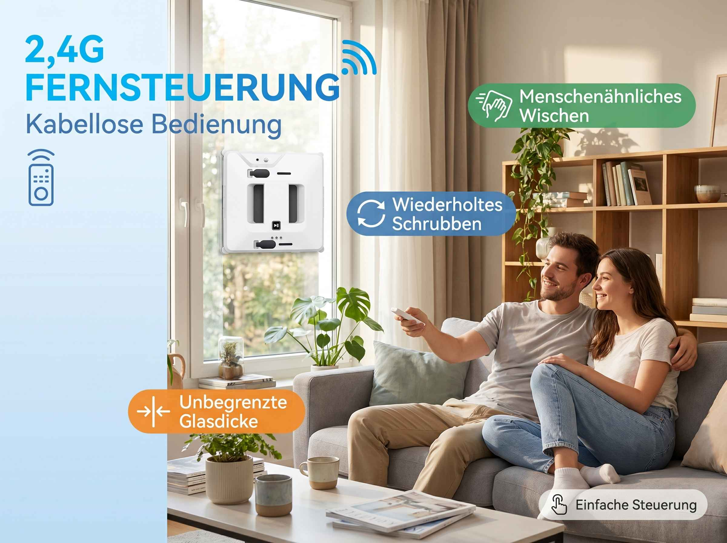 Ein Paar entspannt auf dem Sofa, während ein Roboterfensterreiniger am Fenster arbeitet.