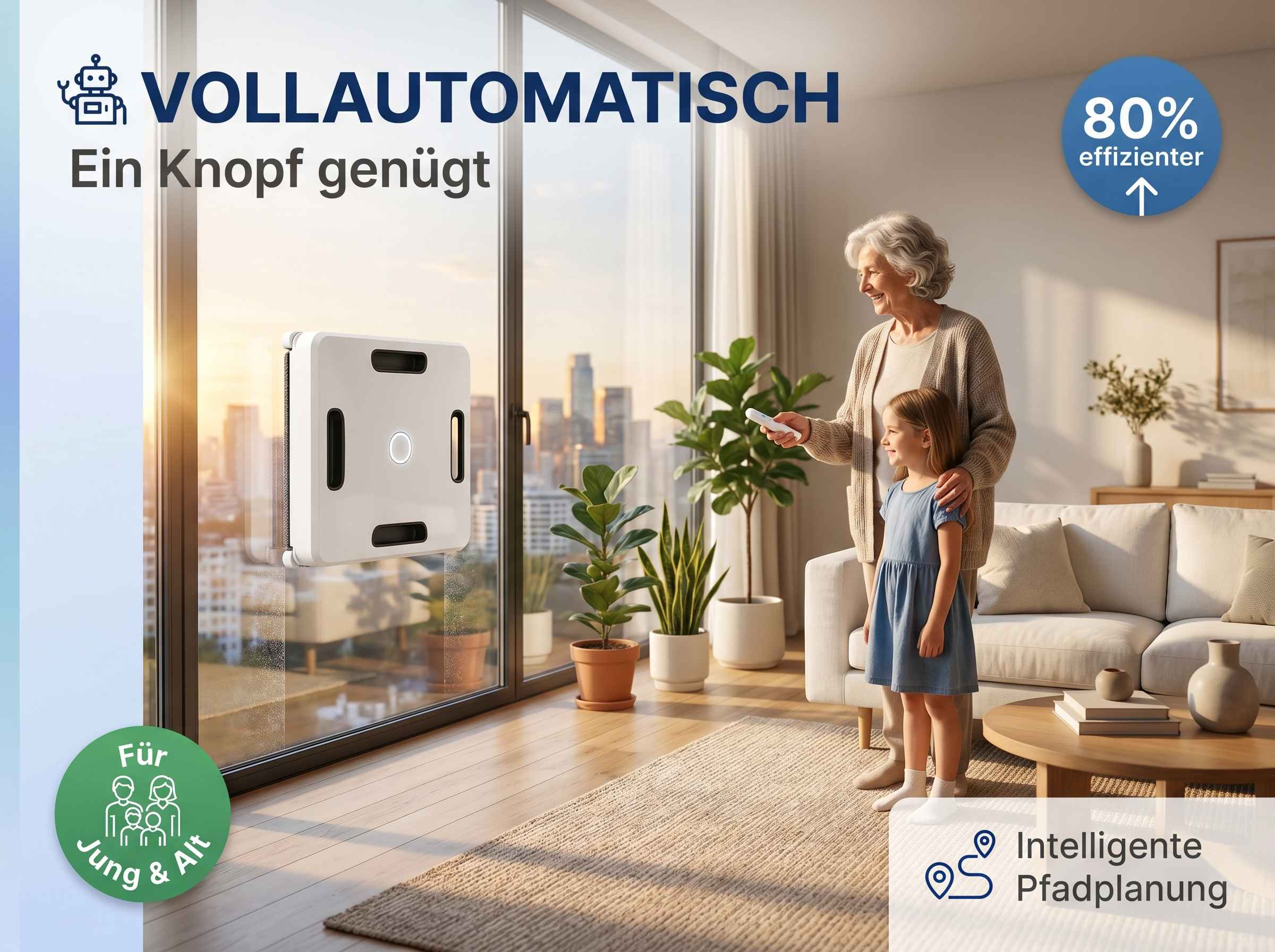 Ein Vollautomat Roboter reinigt ein Fenster, während eine Großmutter und Enkelin zusehen.