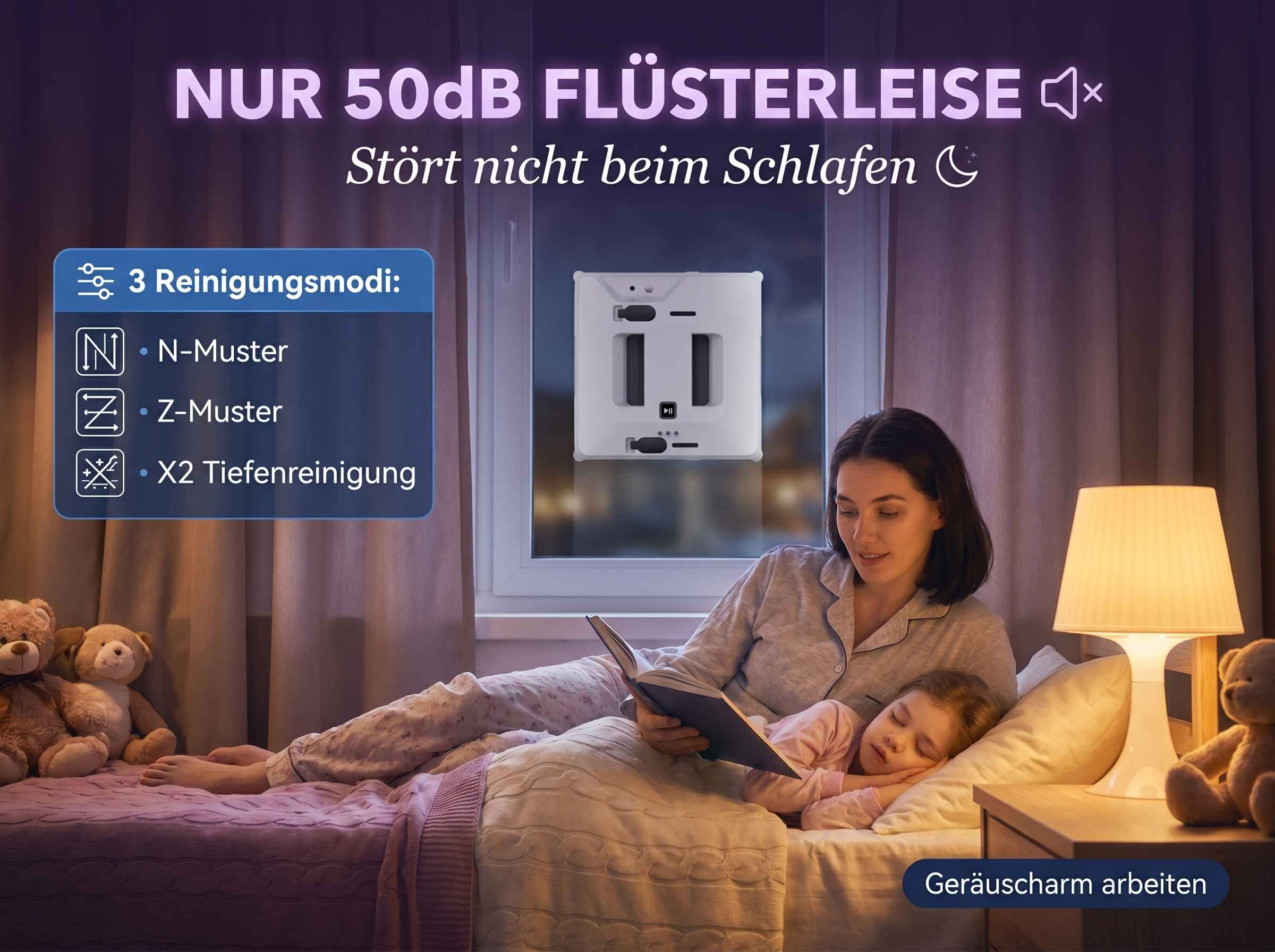 Mutter liest Tochter vor, während ein Fensterreiniger arbeitet. 3 Modi.