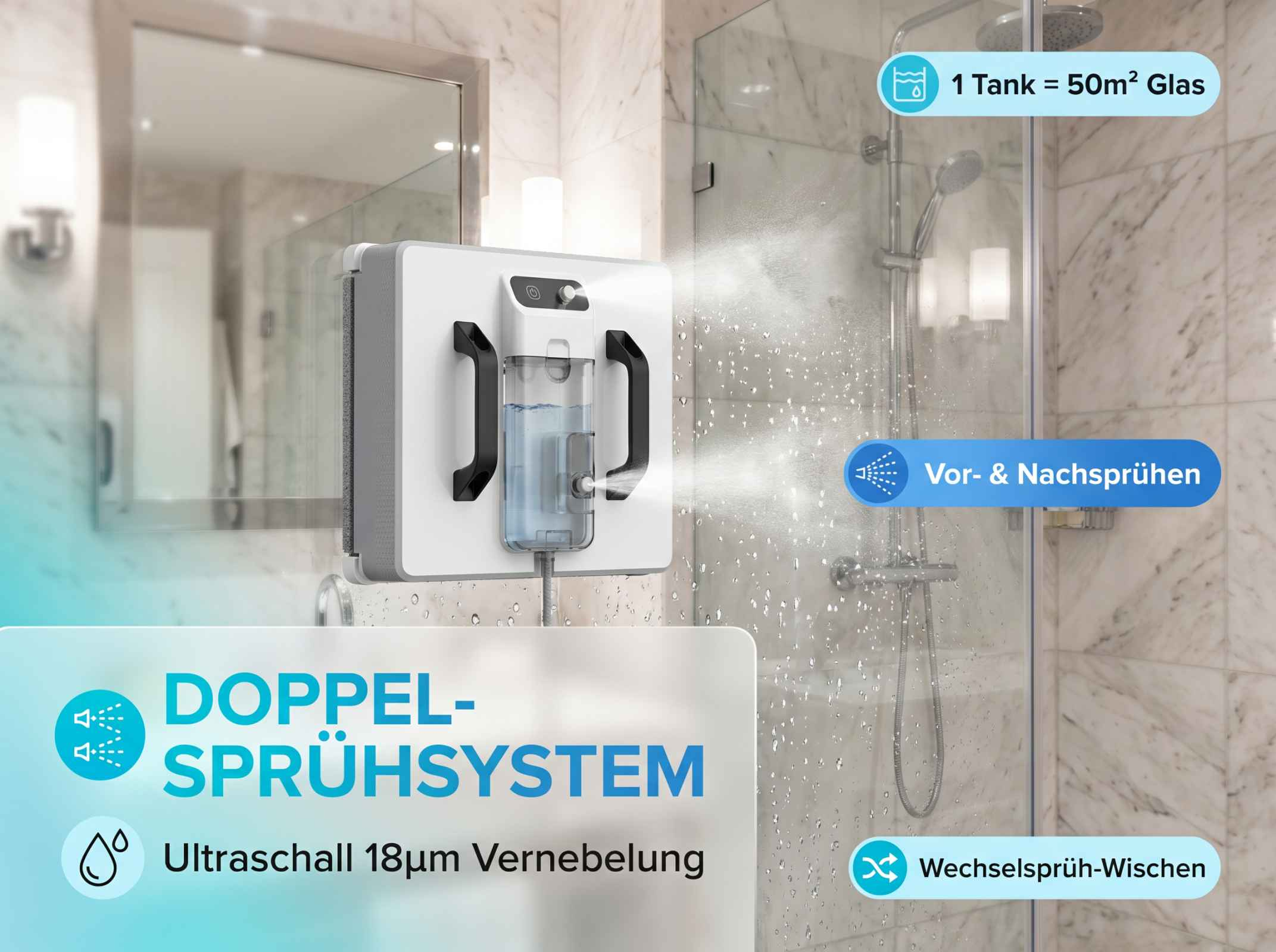 Fensterreinigungsroboter sprüht Wasser auf eine Duschwand.