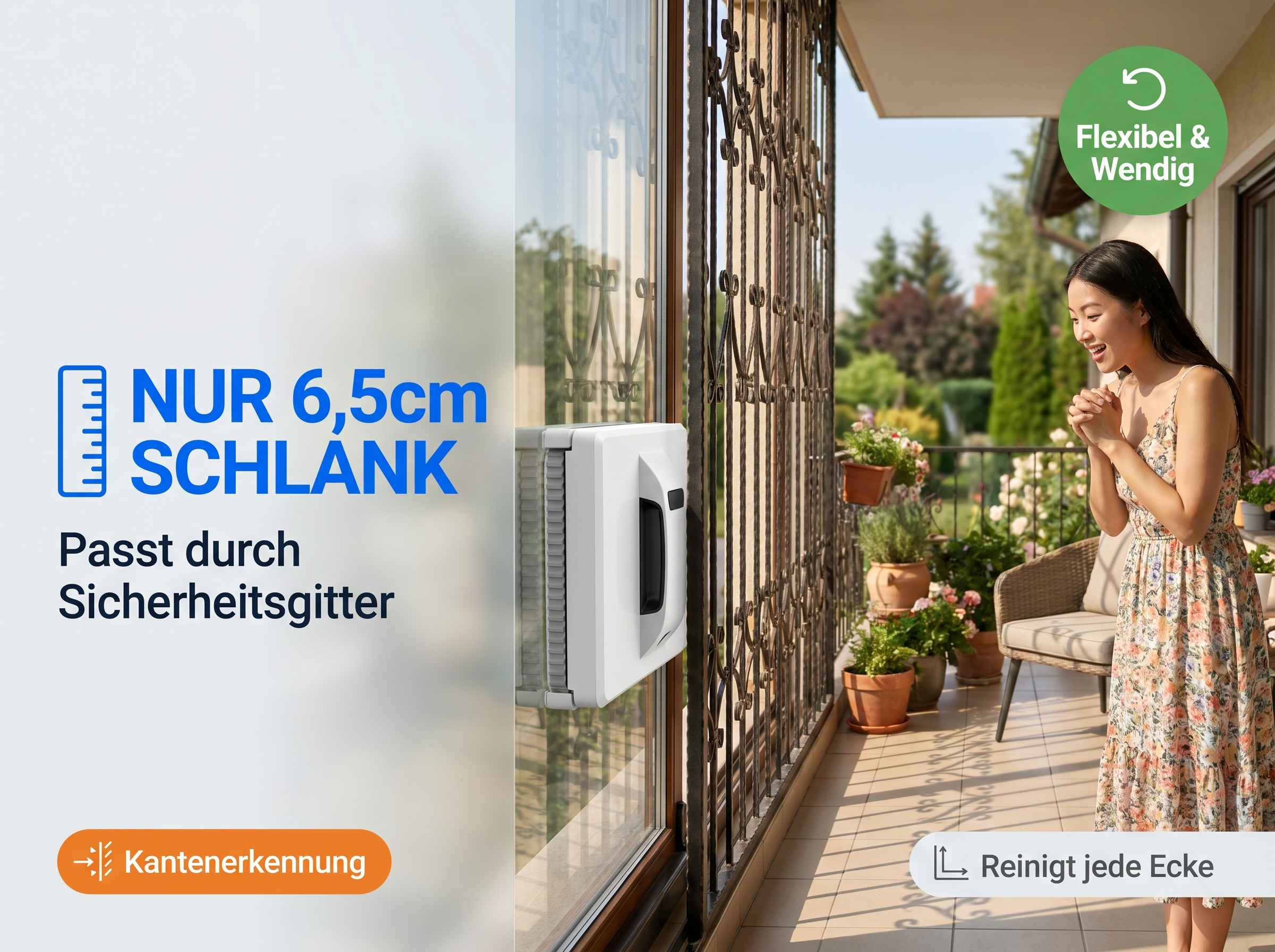 Ein weißer Fensterputzer reinigt ein Fenster, eine Frau schaut zu.