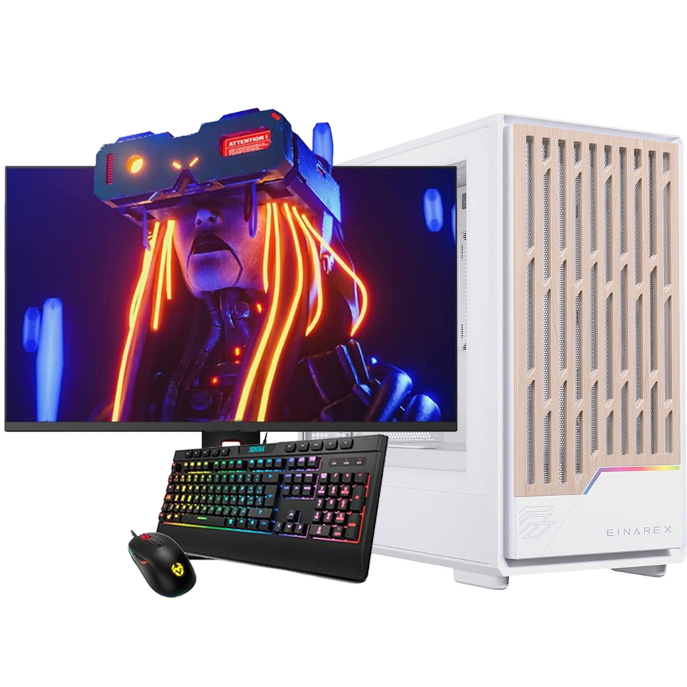 Torre PC blanca con monitor, teclado y ratón que muestran una persona en VR.