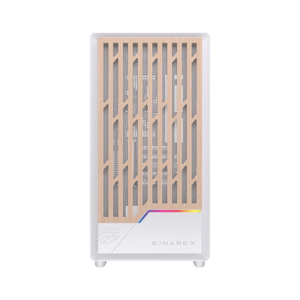 Una caja de PC blanca con listones de madera e iluminación RGB.