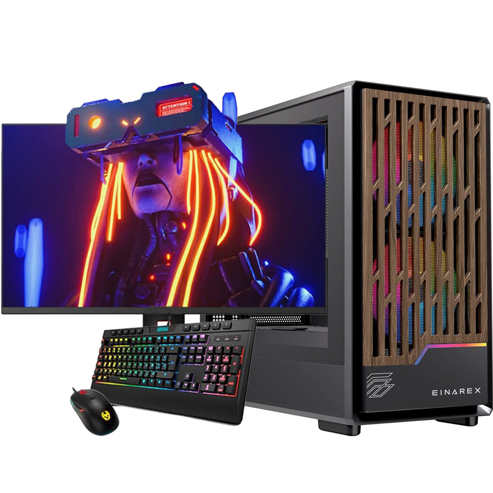 Una configuración de PC para juegos con un monitor que muestra un cyborg, teclado y ratón.