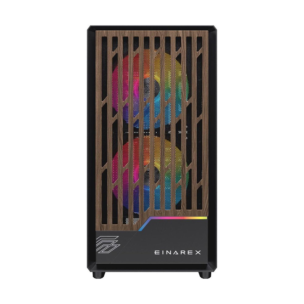 Una caja de PC negra con frontal de madera y ventiladores RGB.