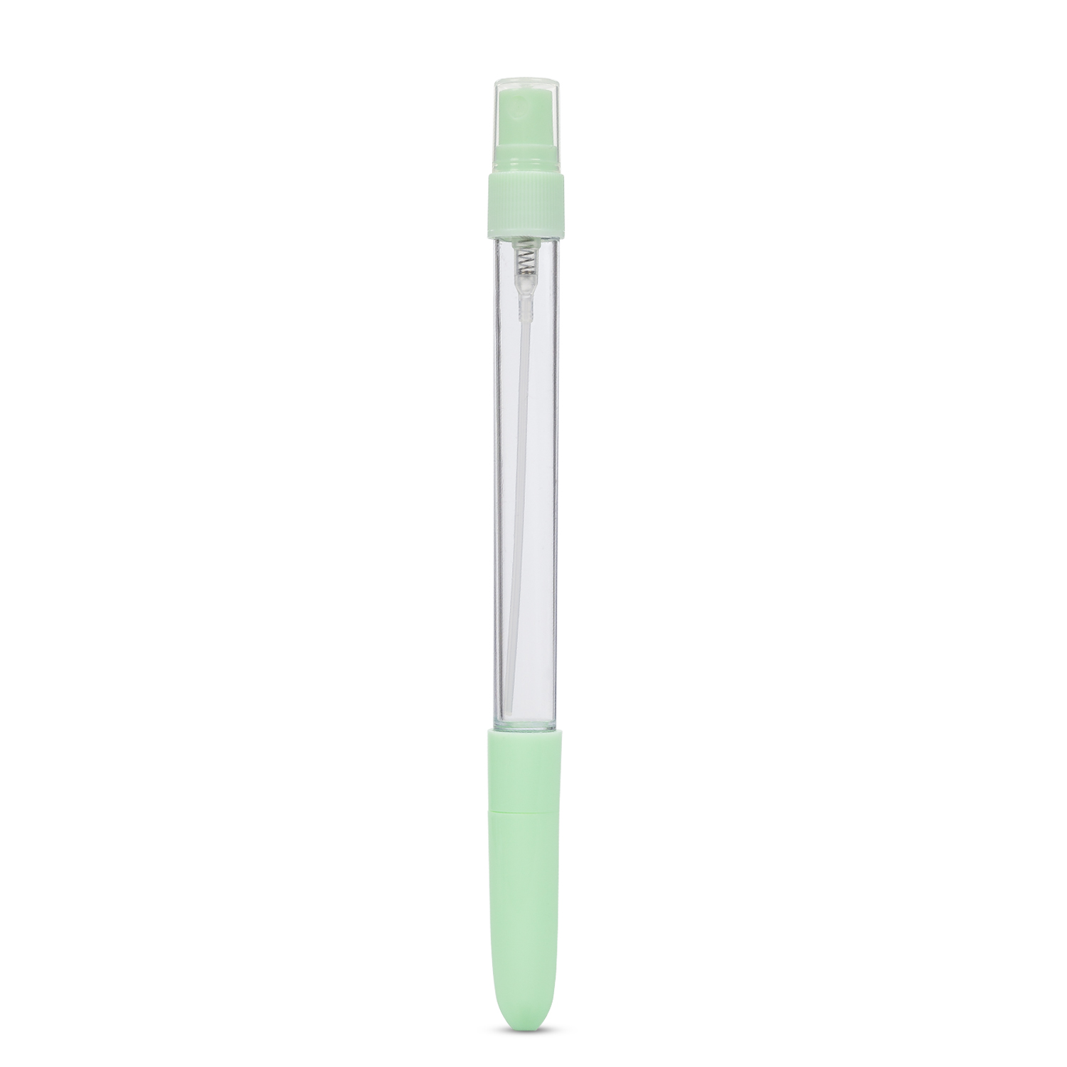 Una botella rociadora transparente con acentos verde claro.
