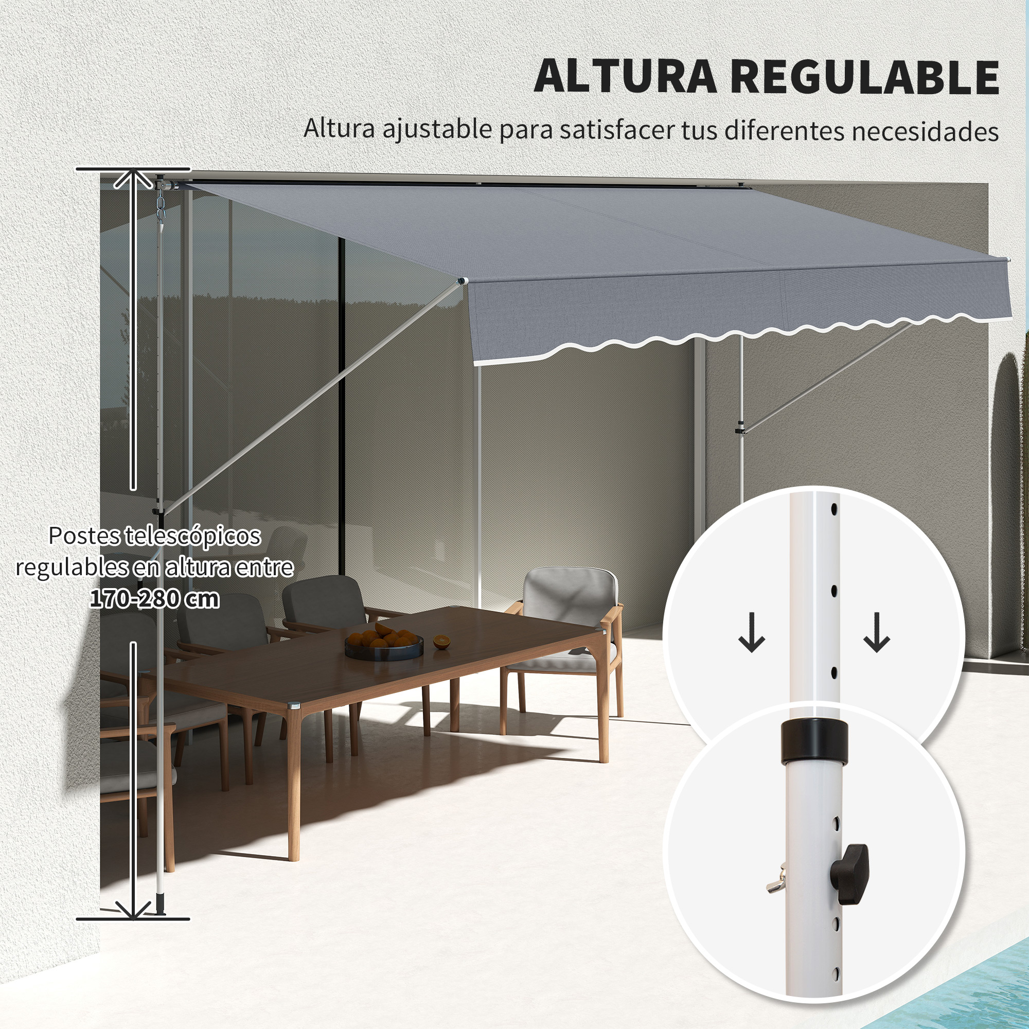 Toldo gris sobre mesa y sillas, con postes telescópicos ajustables 170-280 cm.