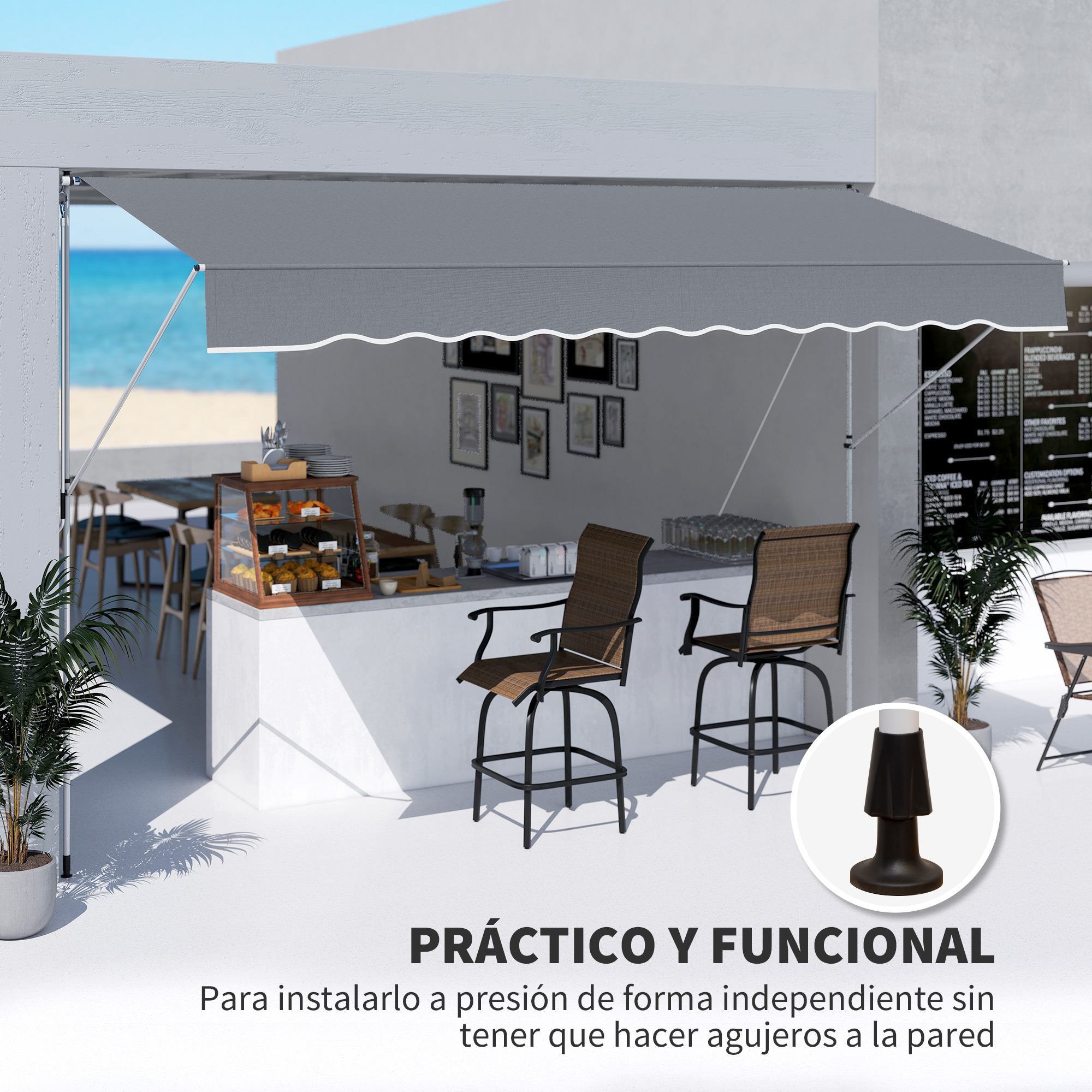 Un toldo sobre un mostrador de cafetería con sillas, vista al mar y texto.
