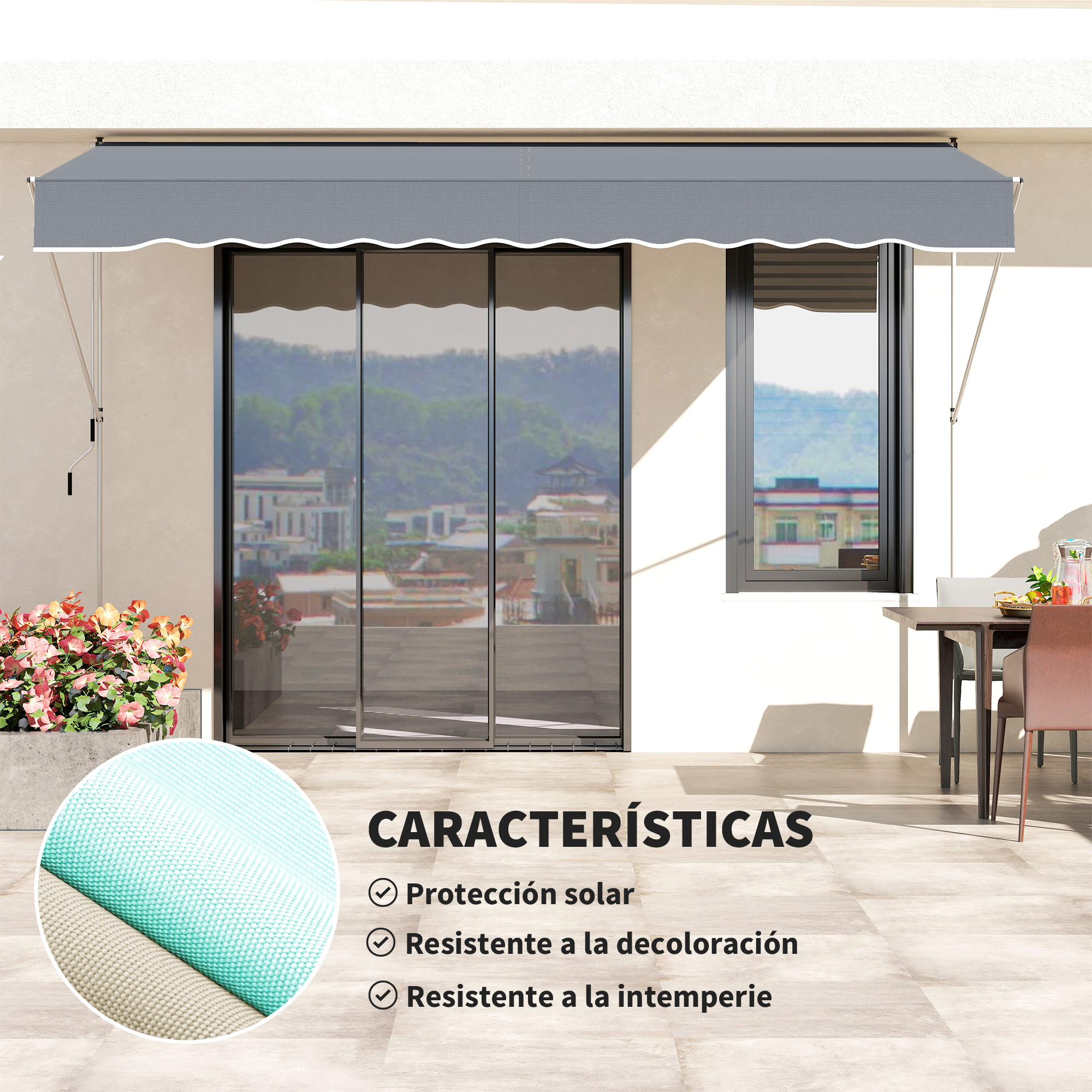 Toldo gris sobre puertas de cristal, con flores y mesa exterior.