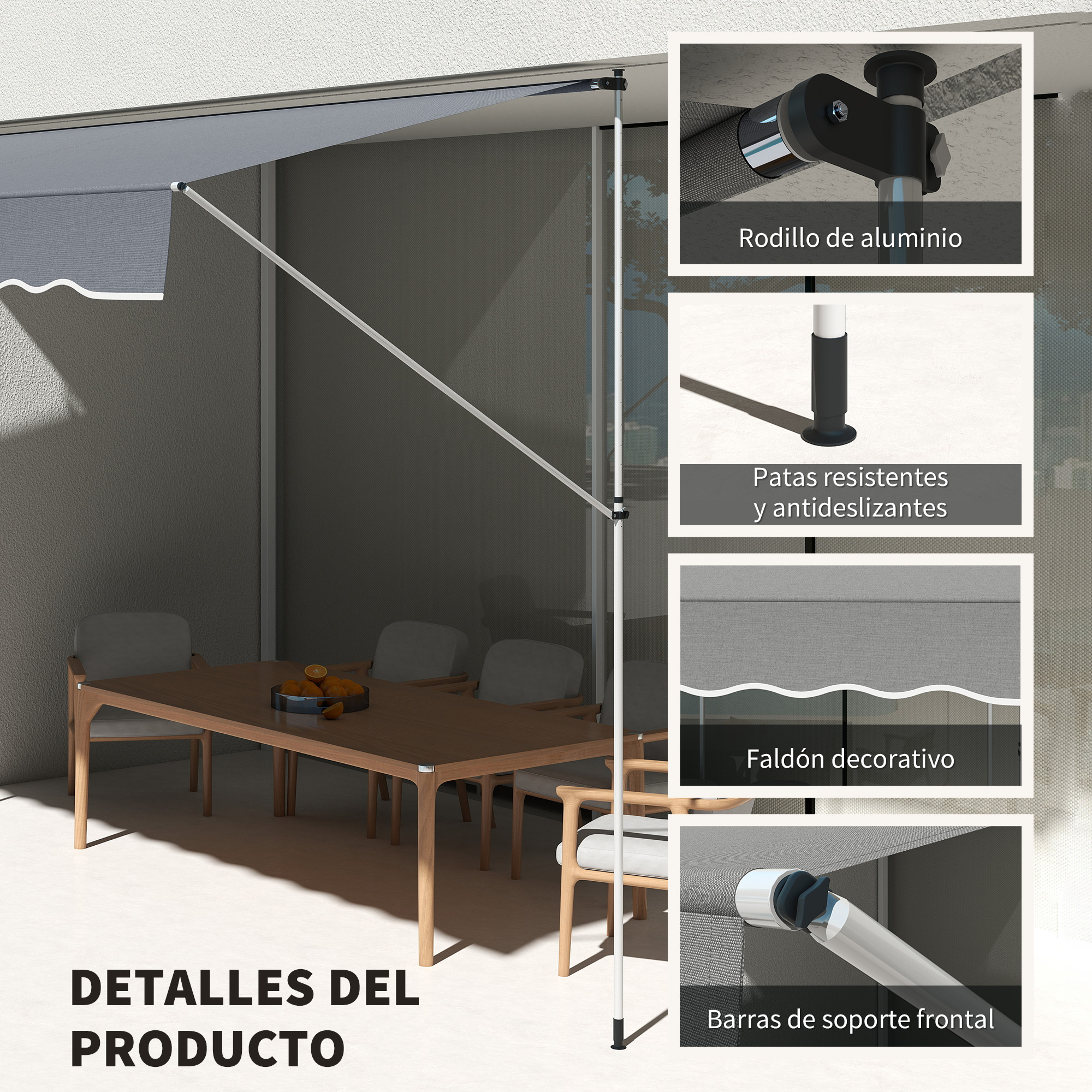 Un toldo extensible con mesa y sillas de exterior.