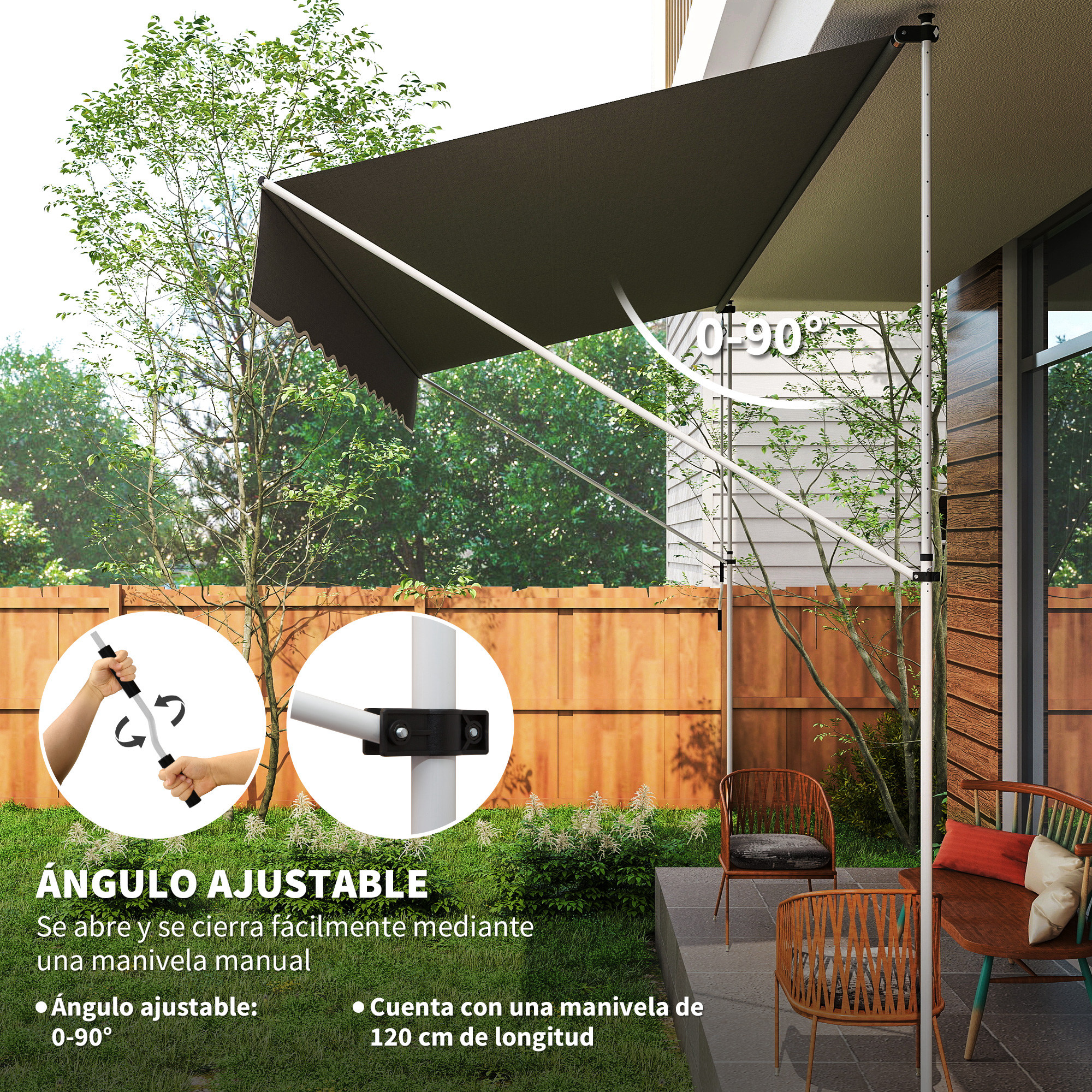 Un toldo gris oscuro con ángulo ajustable, de 0 a 90 grados.