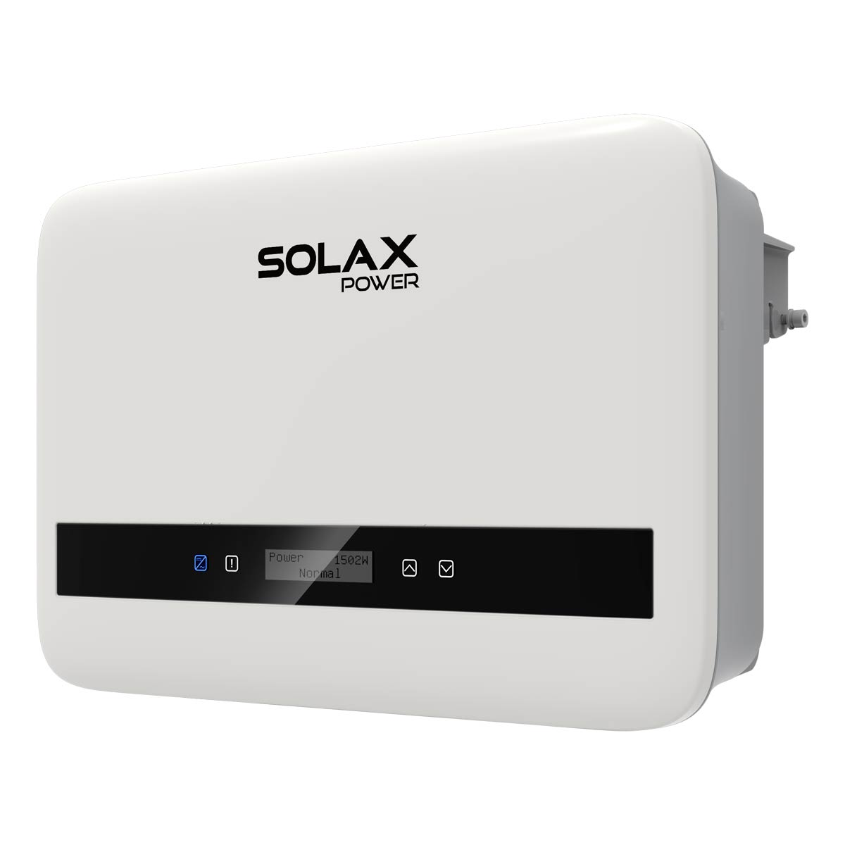 Ein weißer Solax Power Wechselrichter mit einem schwarzen Display, das 1502W Normal anzeigt.