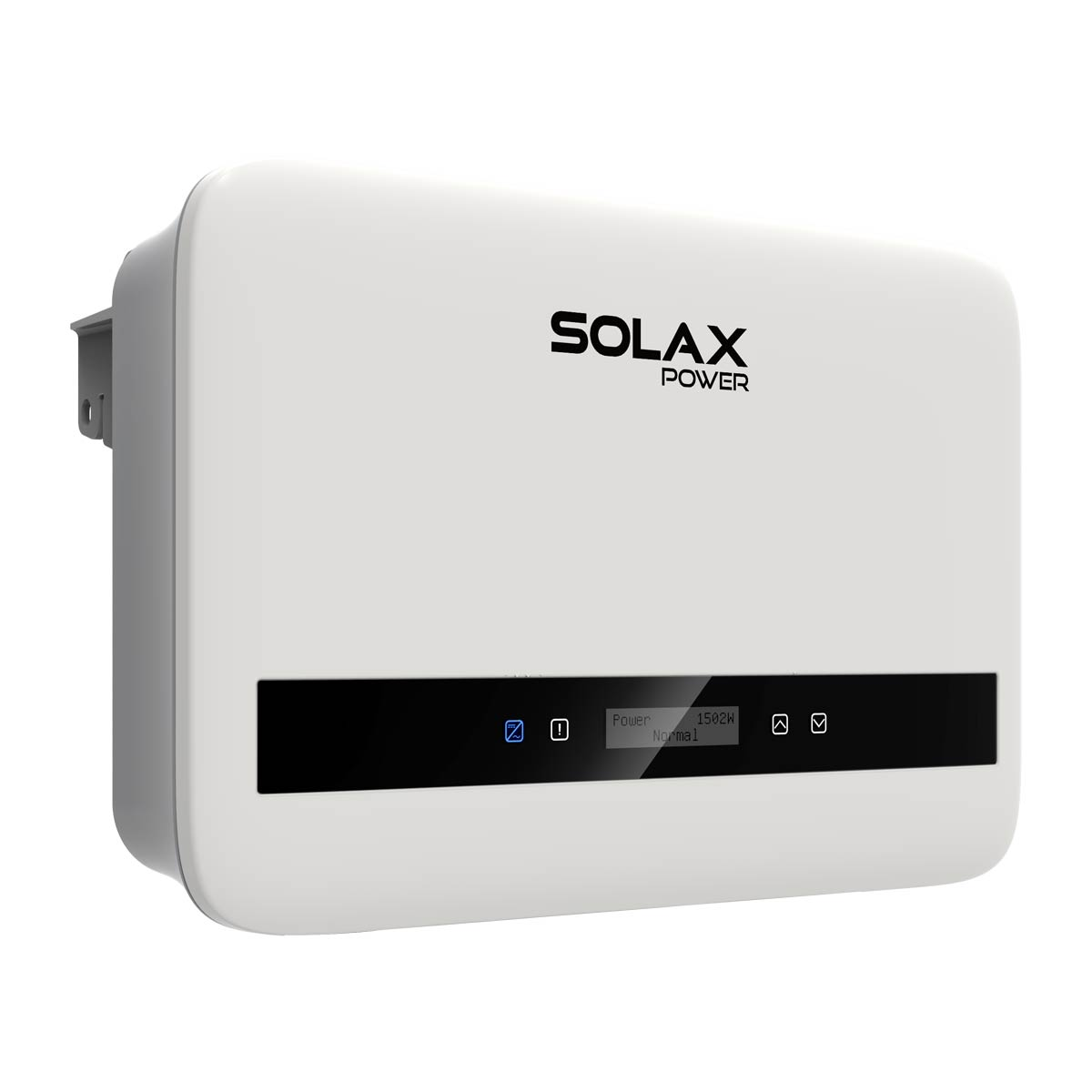 Ein weißer Solax Power Wechselrichter mit digitaler Anzeige und Symbolen.