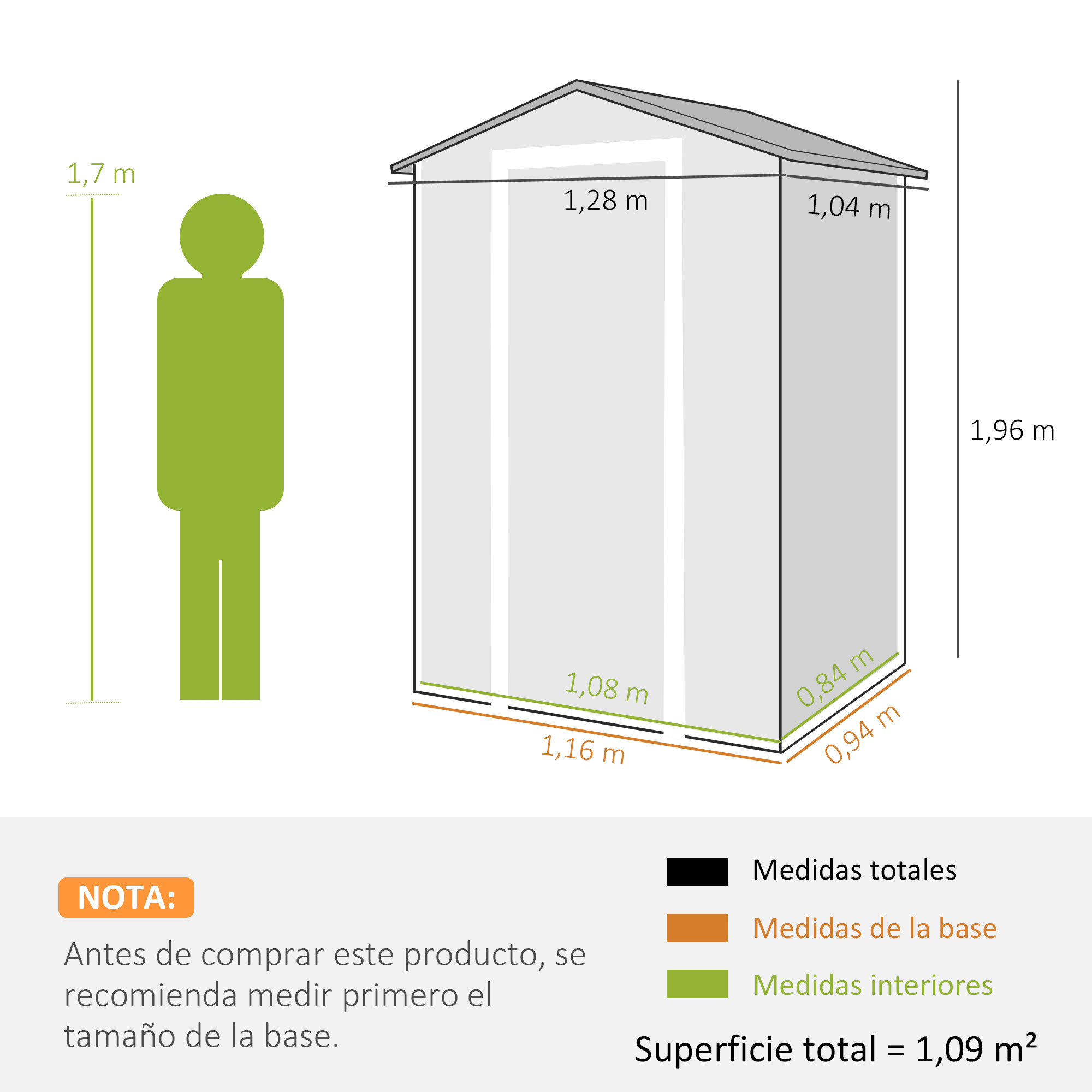 Ilustración de un cobertizo con medidas y una figura verde. Superficie total 1,09 m².