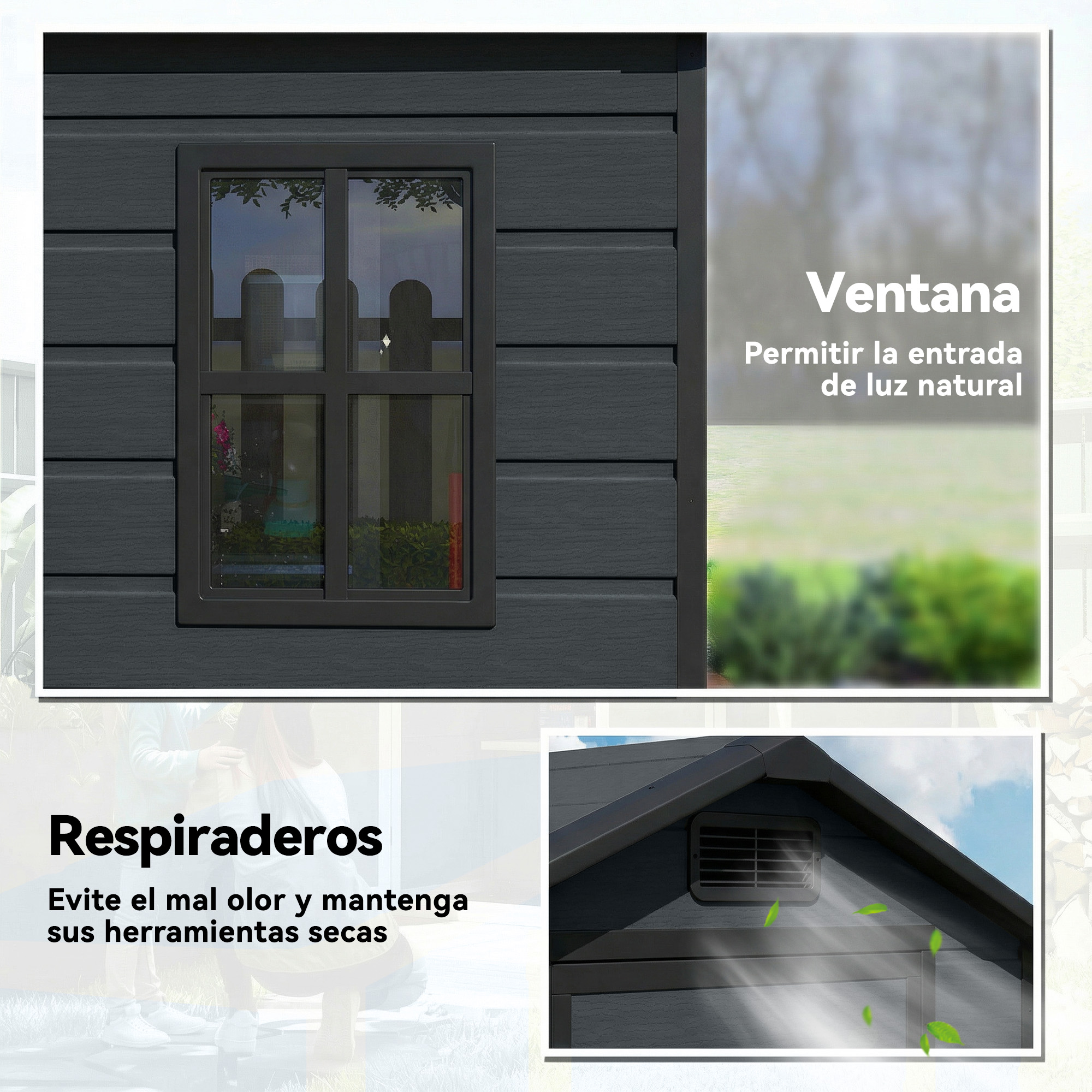 Cobertizo gris oscuro con ventana y rejillas de ventilación. Hojas volando.