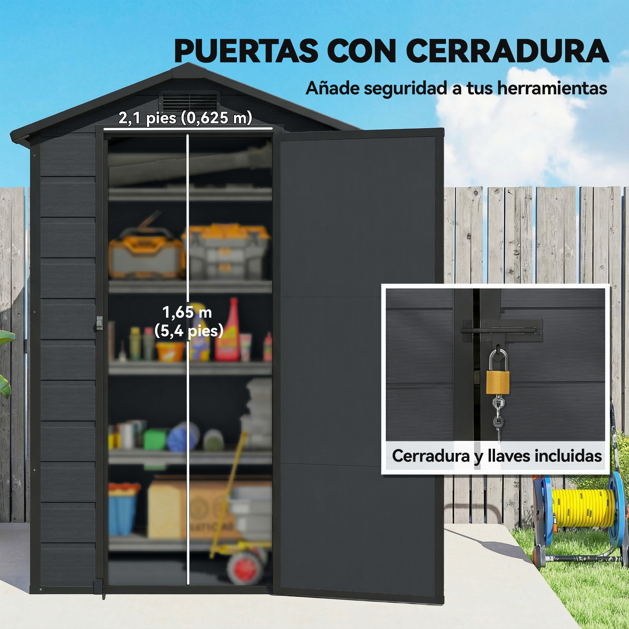 Armario de almacenamiento negro con puerta abierta, lleno de herramientas y cajas.