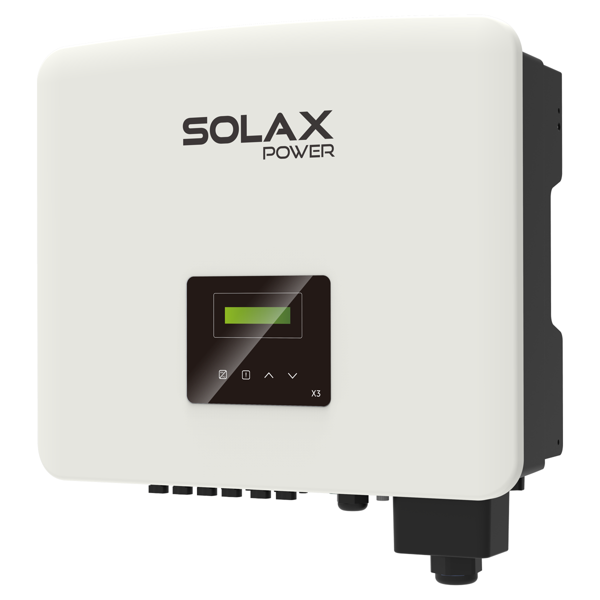 Ein weißer Solax Power X3 Wechselrichter mit schwarzem Bildschirm, der einen grünen Balken anzeigt.