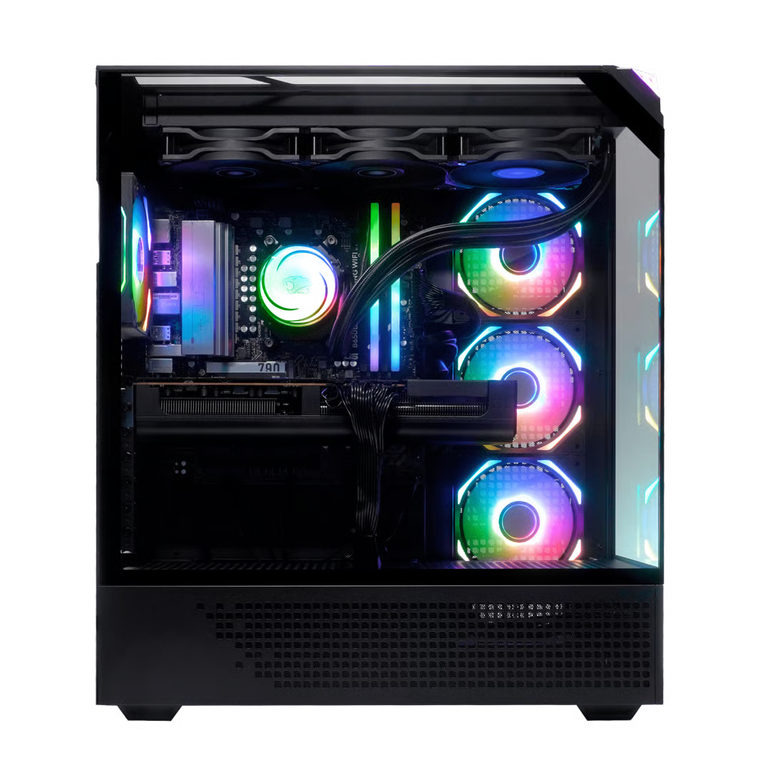 Una caja de ordenador negra con iluminación RGB en ventiladores y componentes.