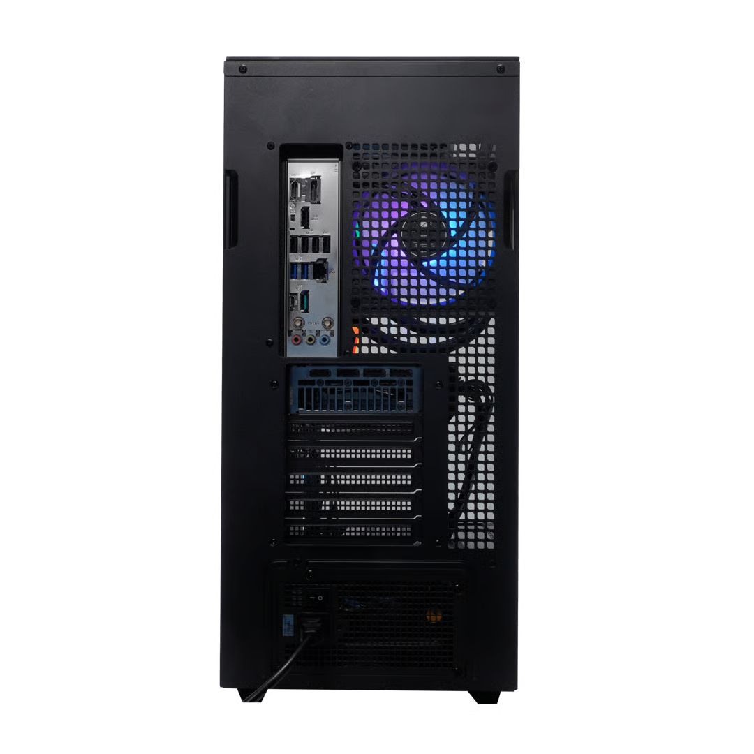 Parte trasera de torre de PC negra con puertos, ventilador con luces púrpura/azul y fuente de alimentación.