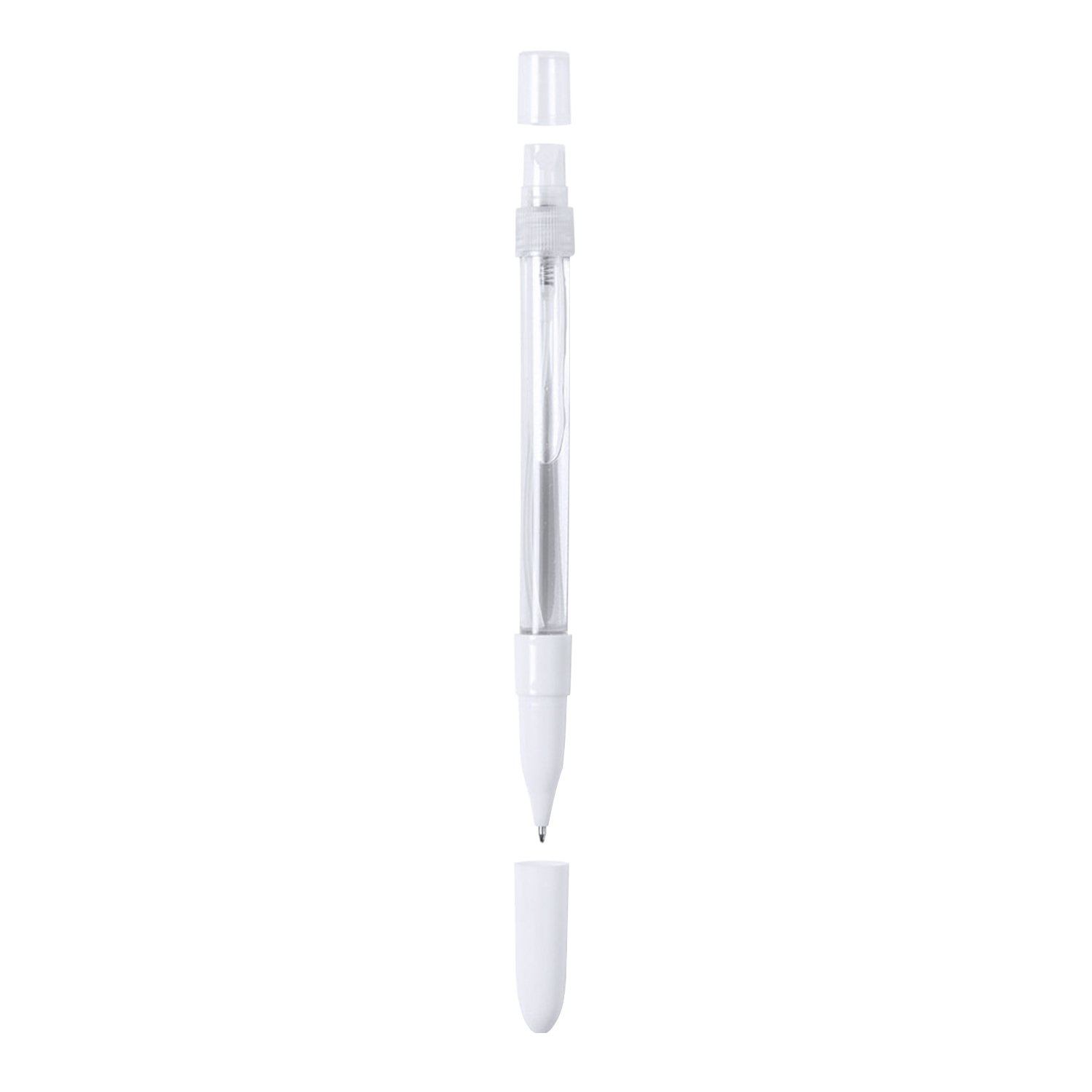Un bolígrafo transparente con agarre y capuchón blancos, sobre fondo blanco.