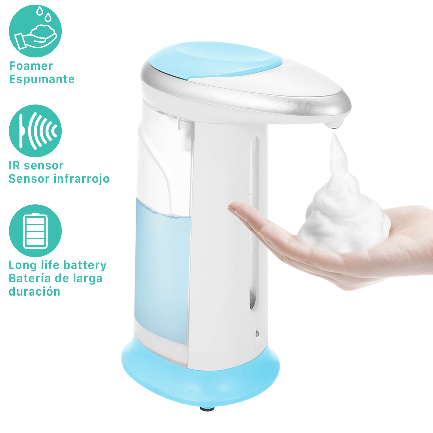 Un dispensador automático de jabón, blanco y azul, que dispensa espuma sobre una mano.