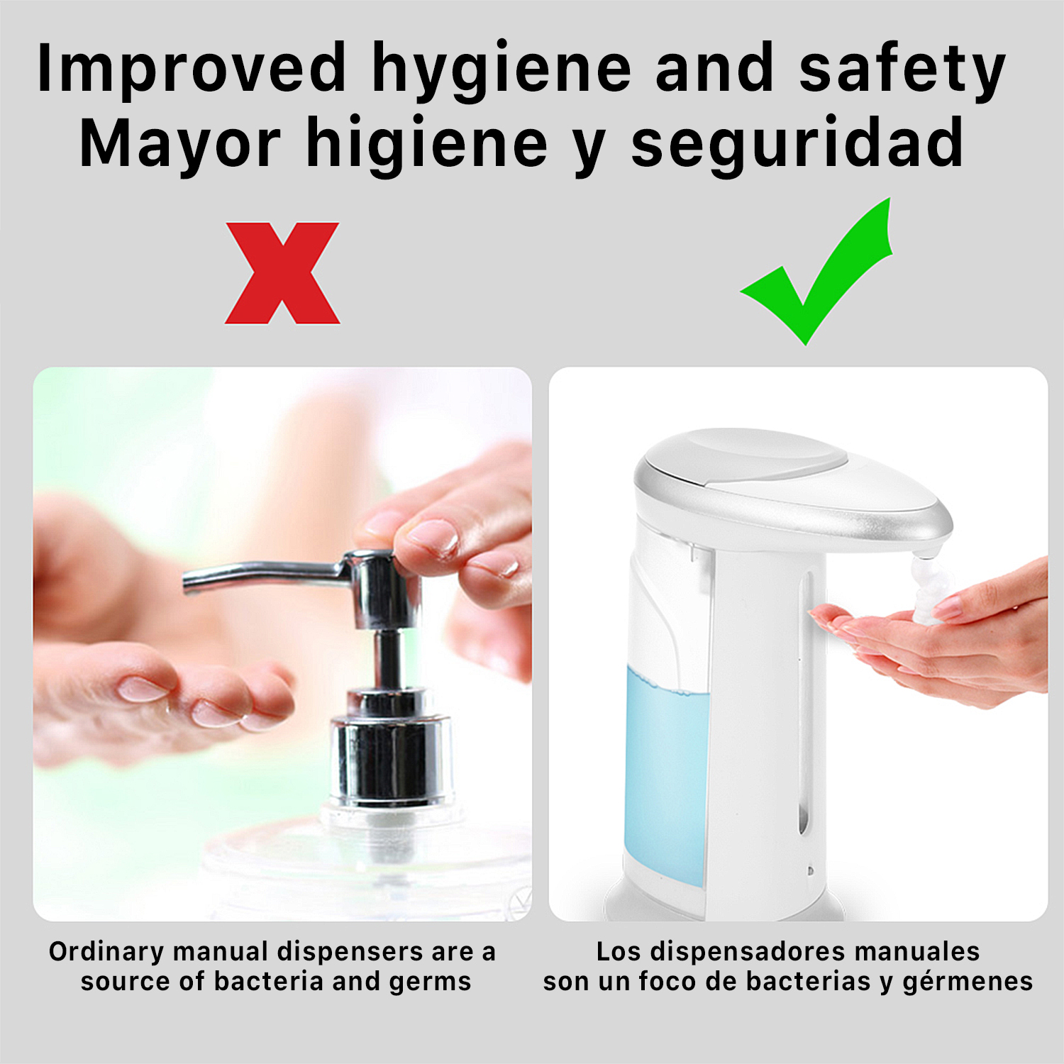 Dispensadores manuales propagan gérmenes; los automáticos son higiénicos.