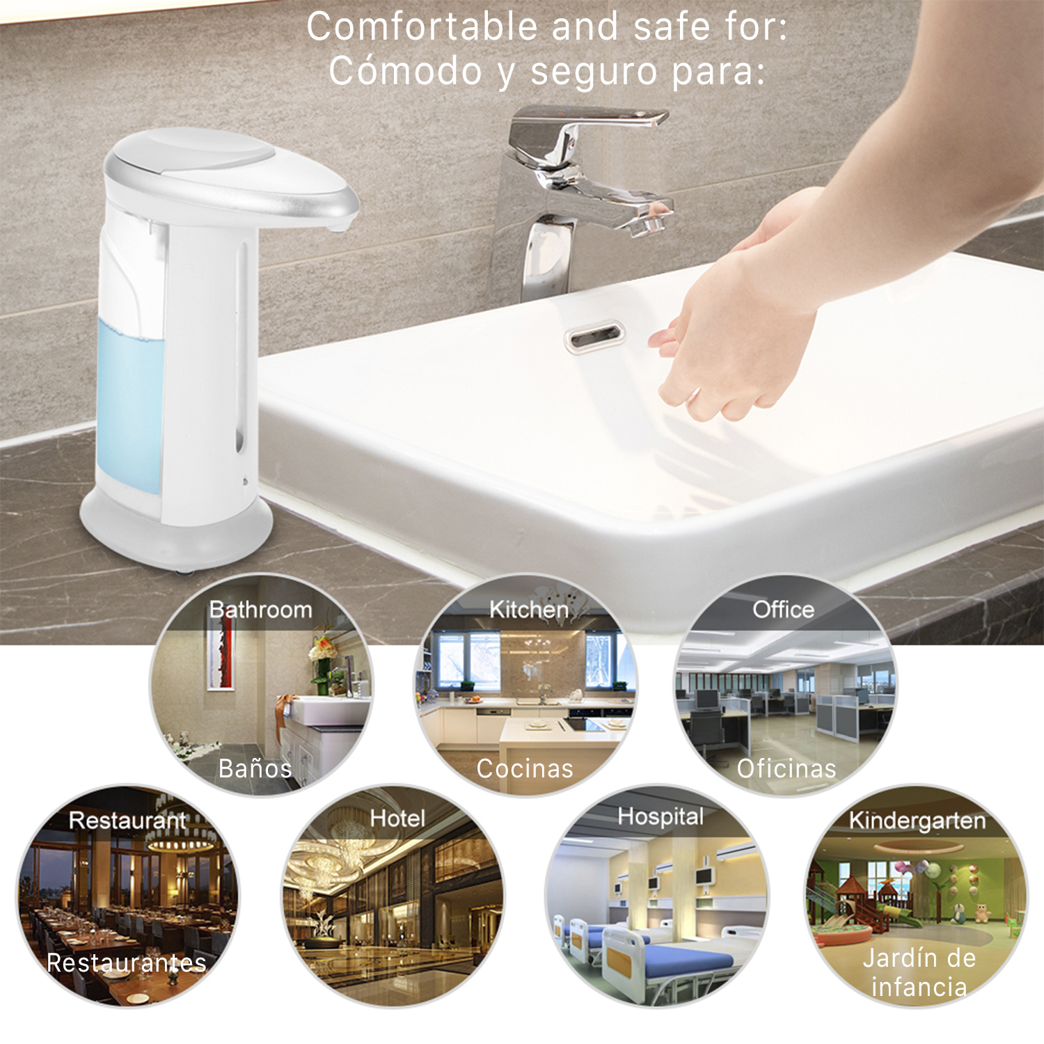 Dispensador de jabón automático junto a un lavabo con una persona lavándose las manos.