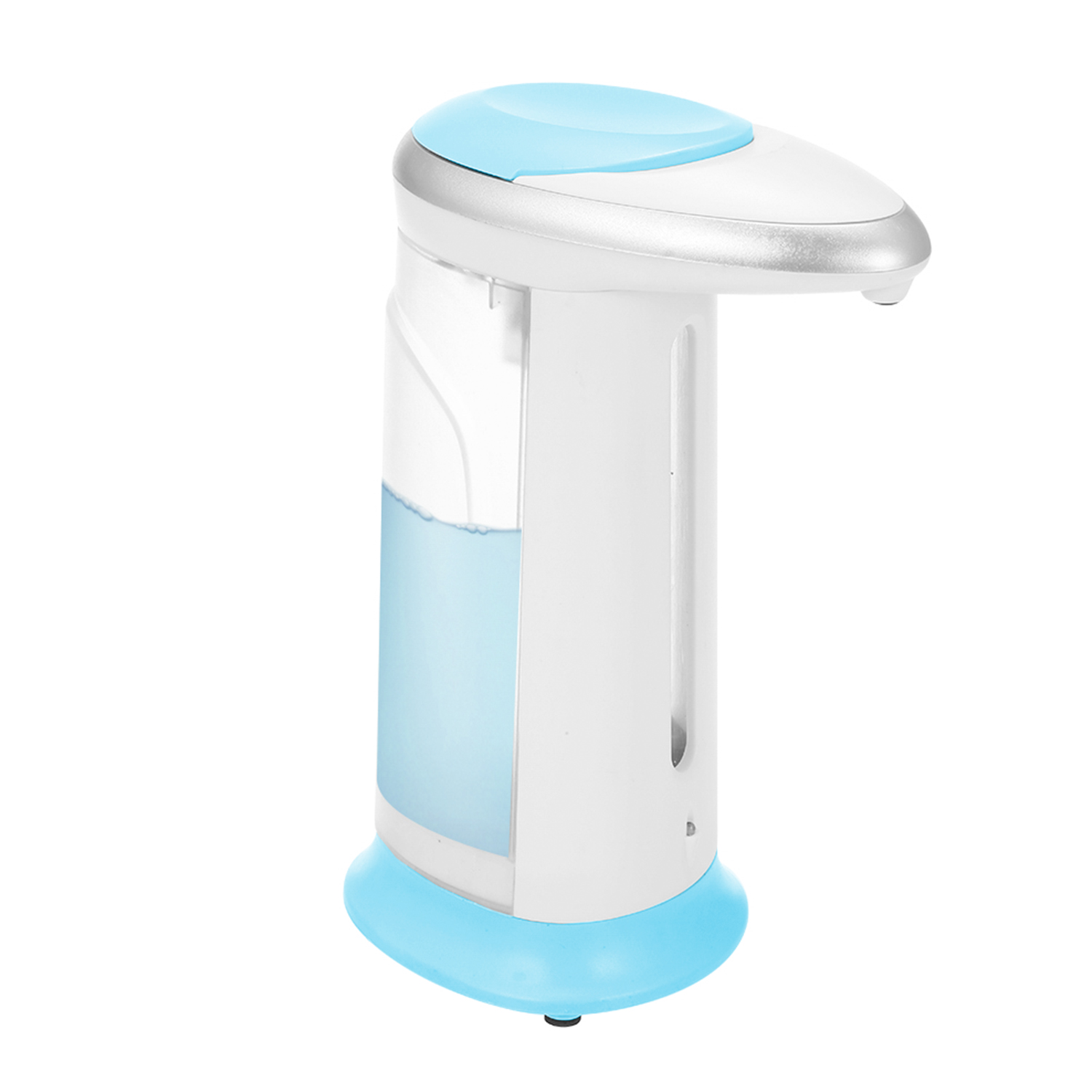 Dispensador automático de jabón con tapa y base azules, cuerpo blanco y depósito transparente.