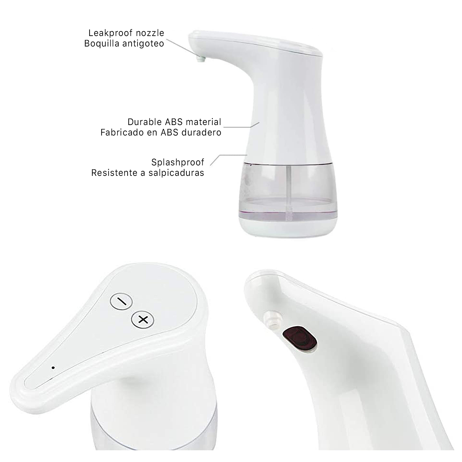 Dispensador de jabón blanco con depósito transparente, a prueba de salpicaduras.