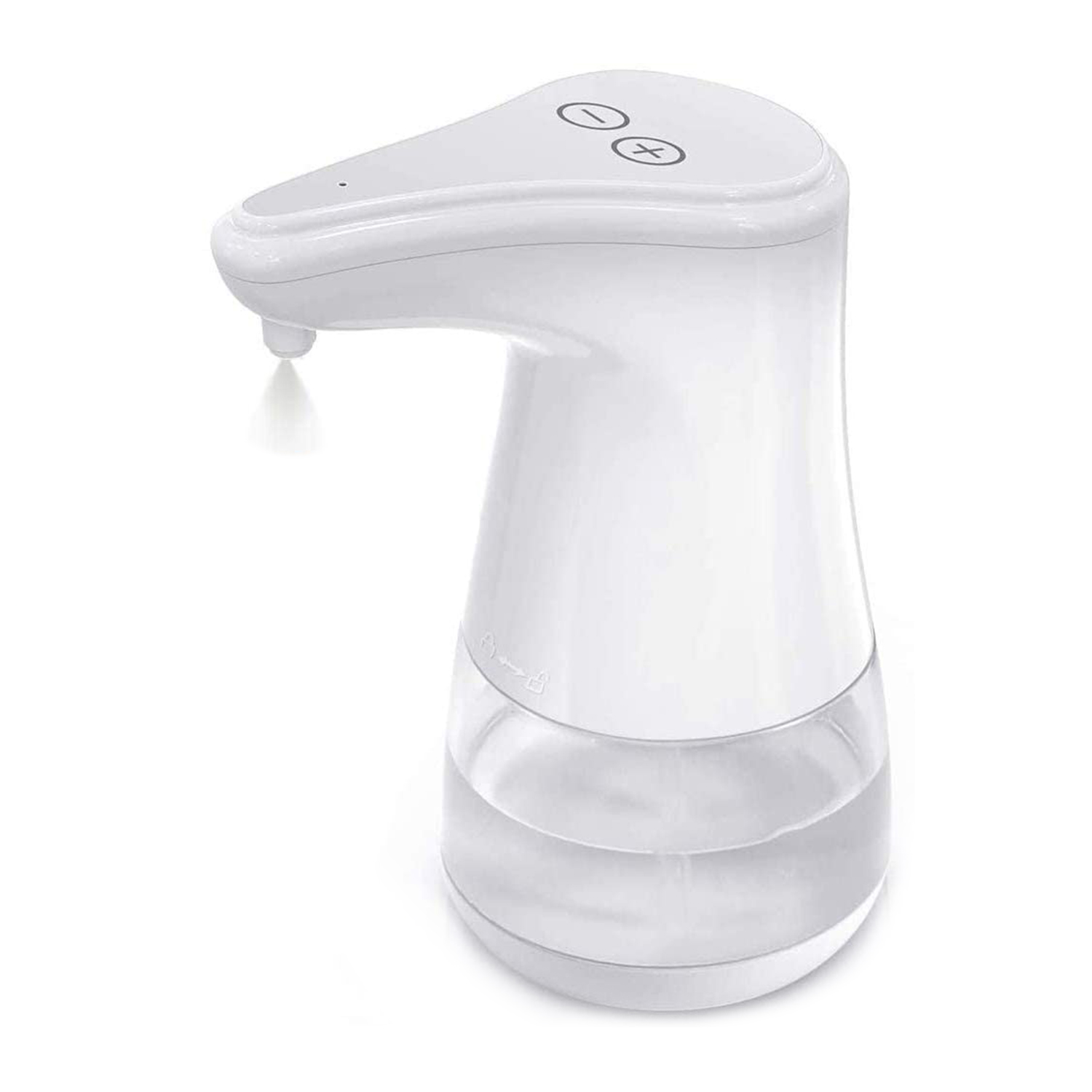Un dispensador de jabón automático blanco rocía líquido, con depósito transparente.