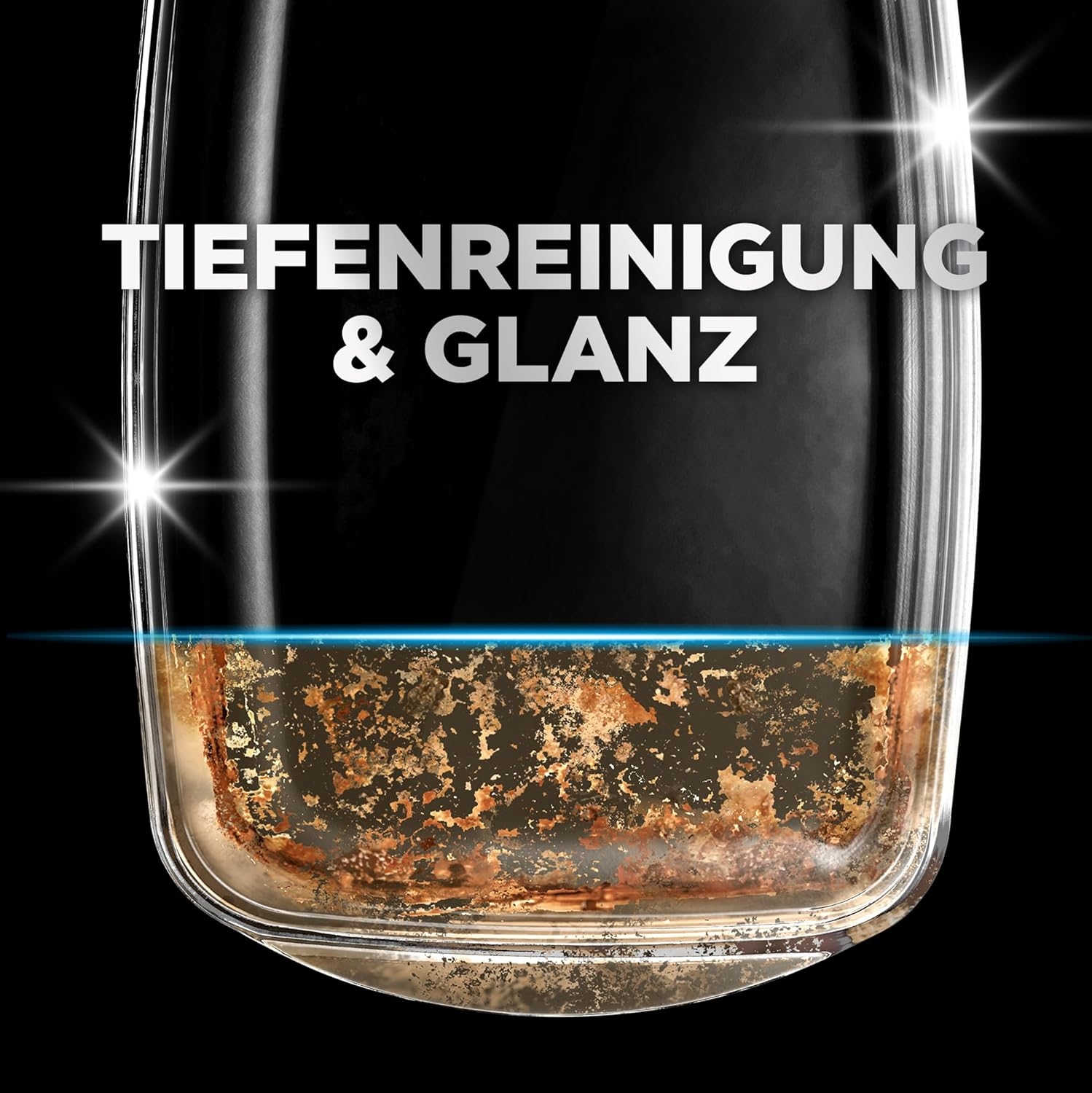 Glasbehälter mit Text Tiefenreinigung & Glanz, zeigt schmutzigen Boden.
