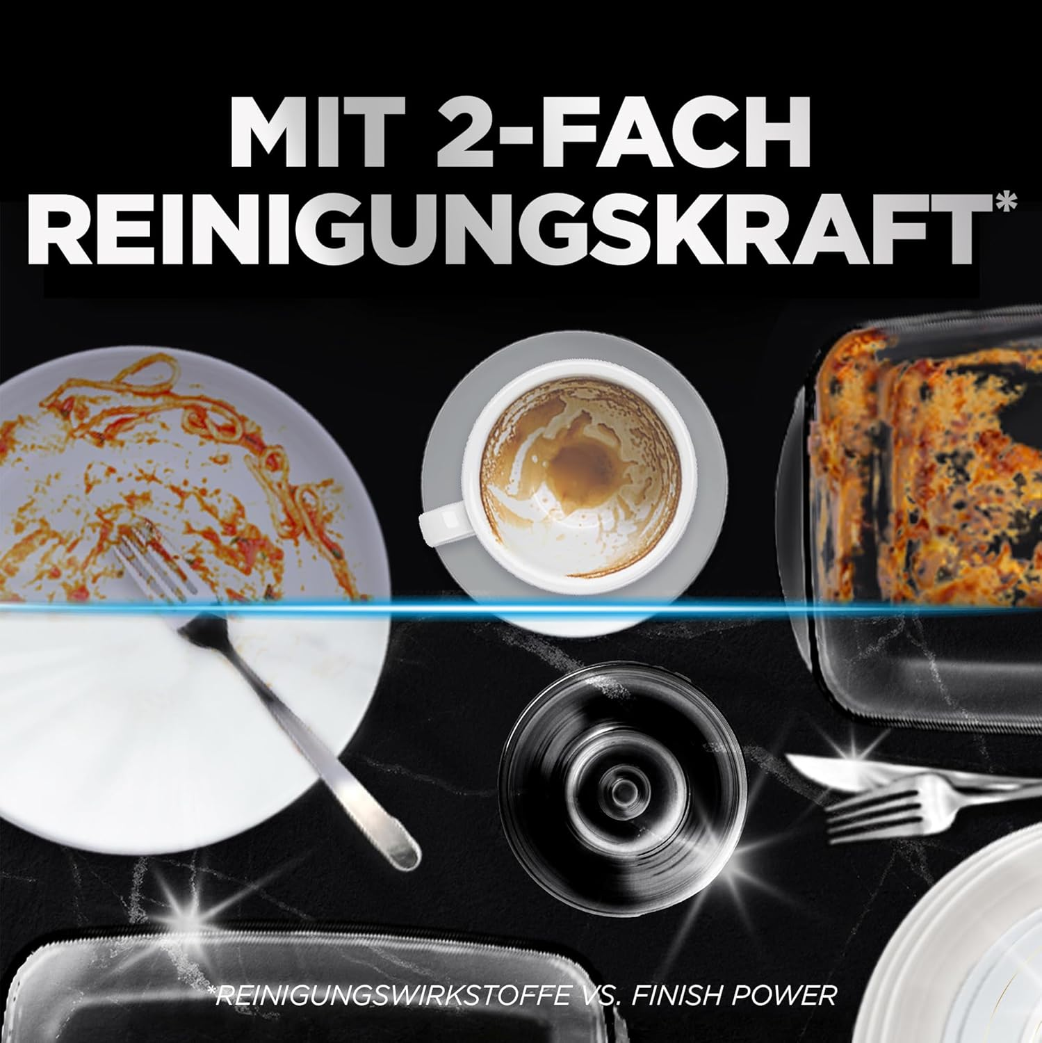 Geschirr mit Essensresten, Kaffeetasse, Glas und Besteck auf dunklem Hintergrund.