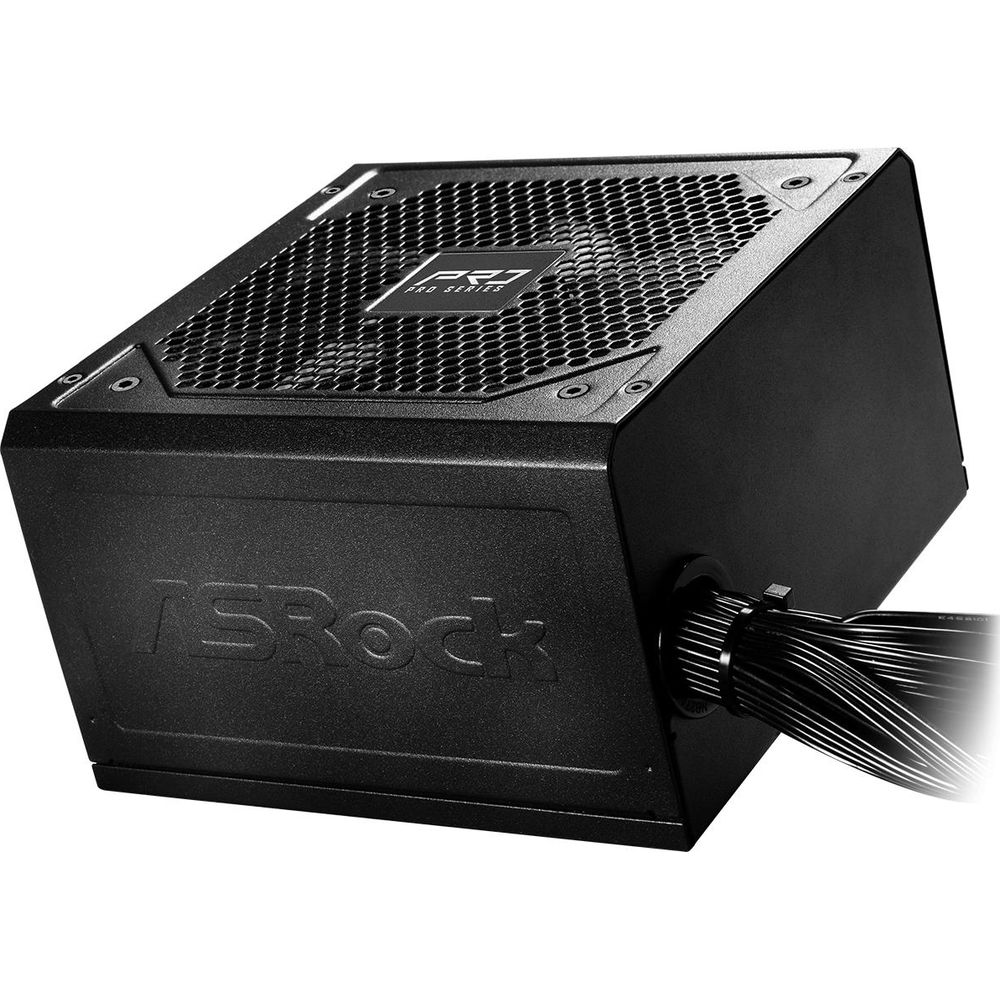 Czarny zasilacz ASRock Pro Series z kablami wychodzącymi z boku.