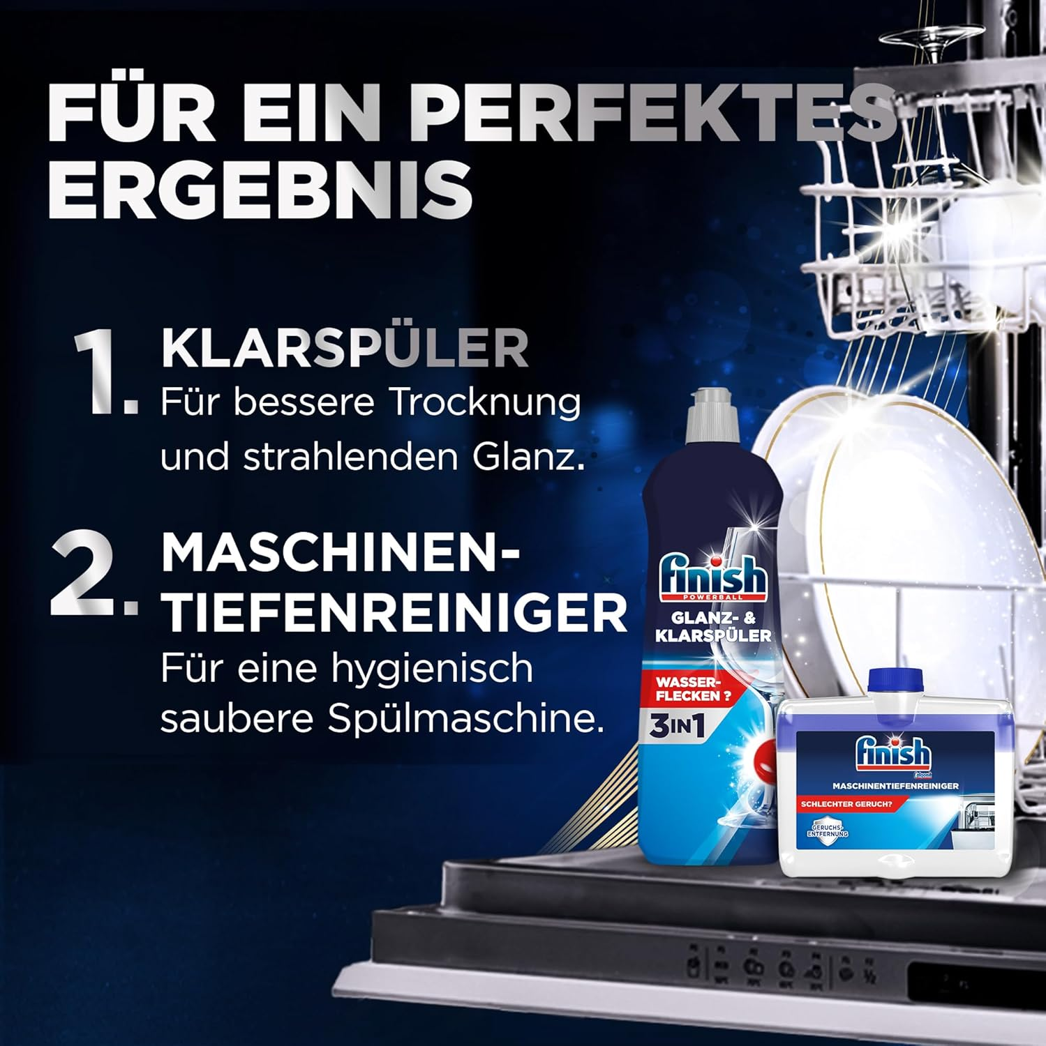 Finish Produkte für eine saubere Spülmaschine und glänzendes Geschirr.