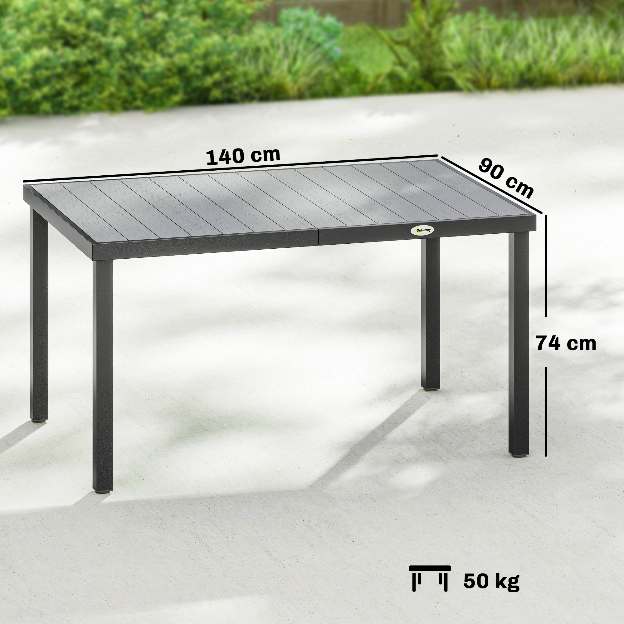 Mesa de jardín gris de 140x90x74 cm y 50 kg de peso.