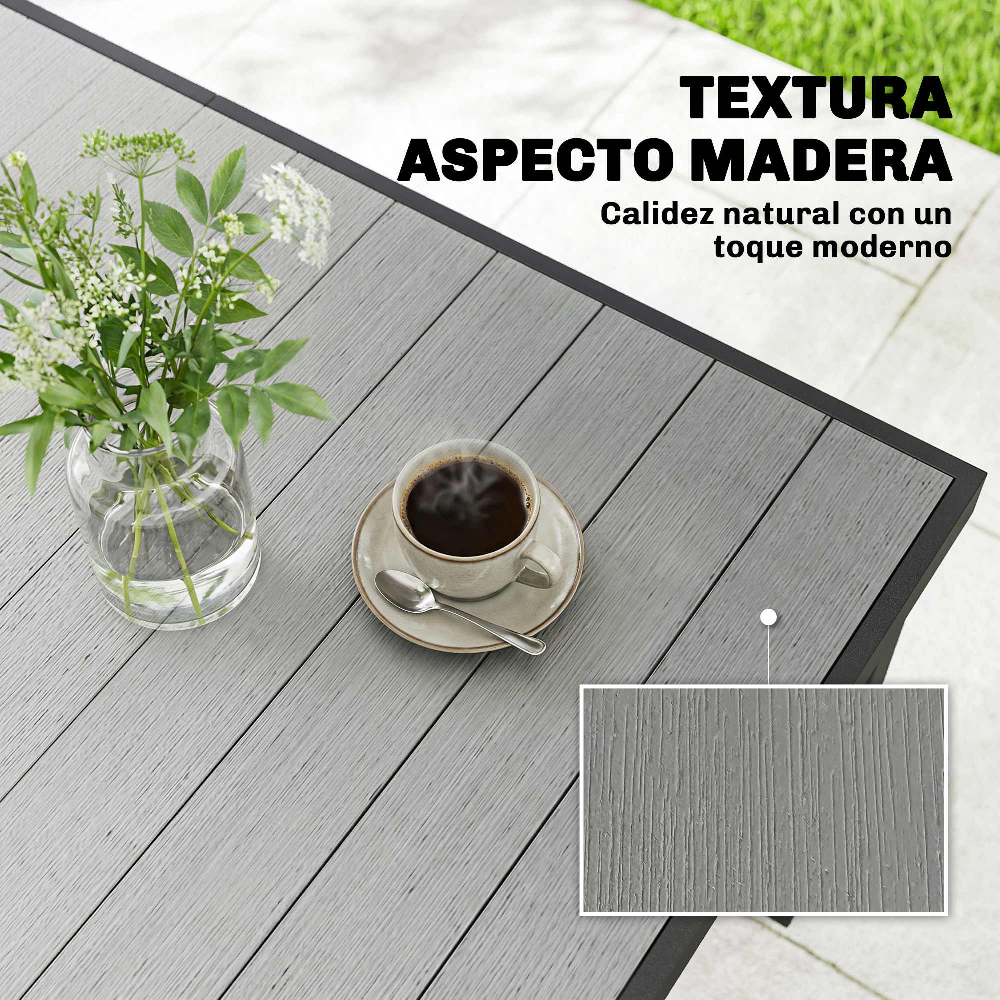 Mesa de madera gris con flores y café. Detalle de textura.