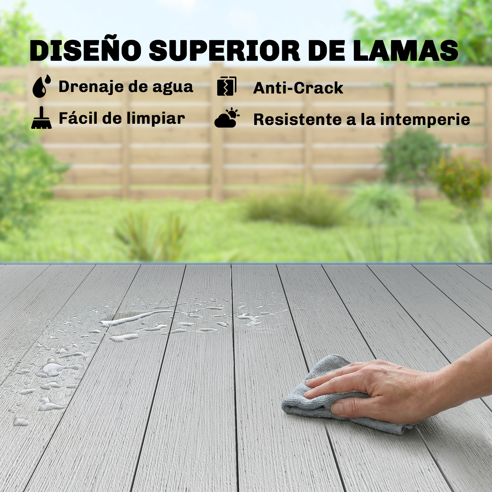 Una mano limpia una terraza gris con manchas de agua con un paño.