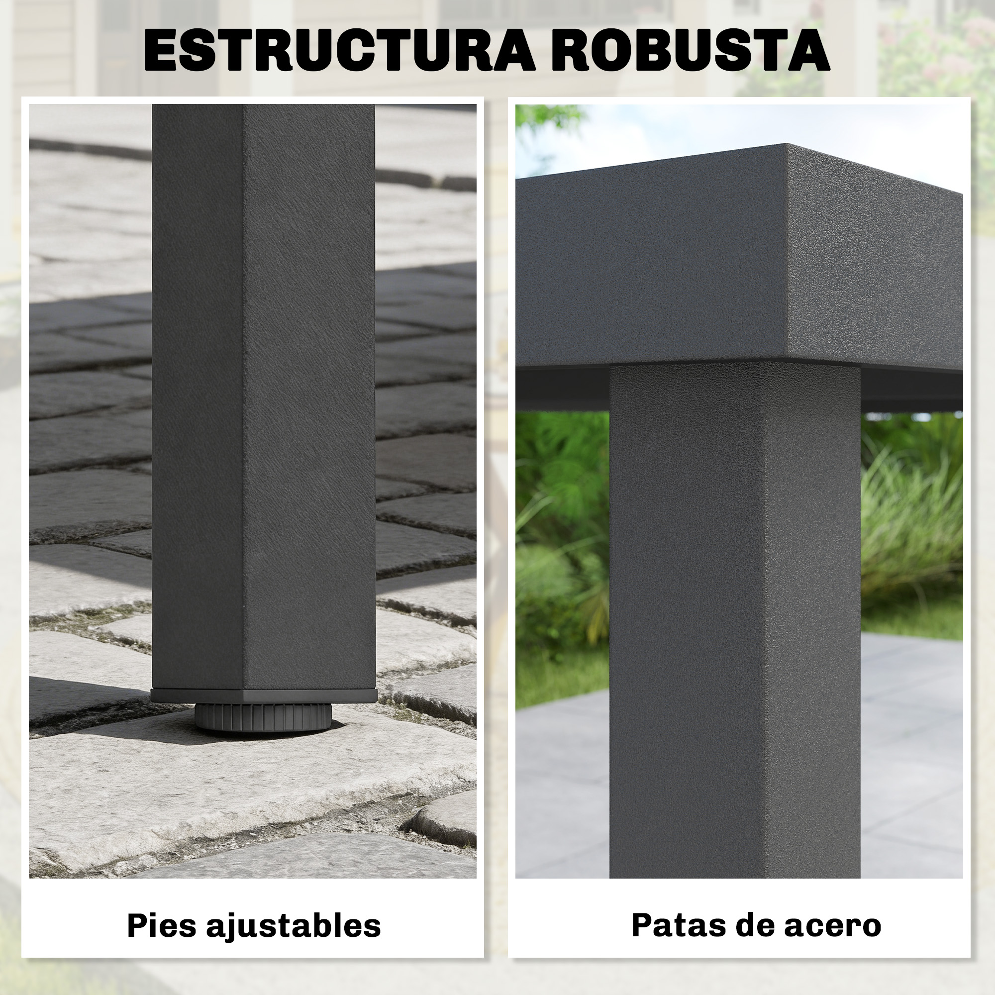 Patas de mesa grises: una sobre piedra con pie ajustable, otra sobre césped.