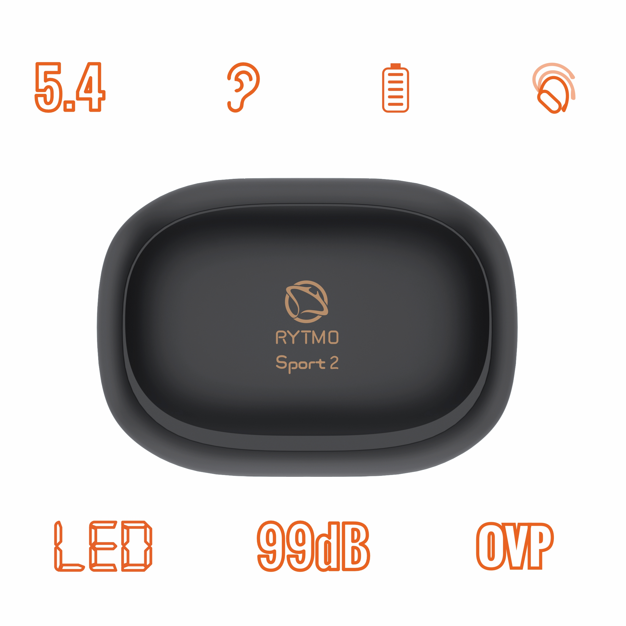 Czarna obudowa słuchawek Rytmo Sport 2 z ikonami: 5.4, ucho, bateria, zestaw słuchawkowy, LED, 99dB, OVP.