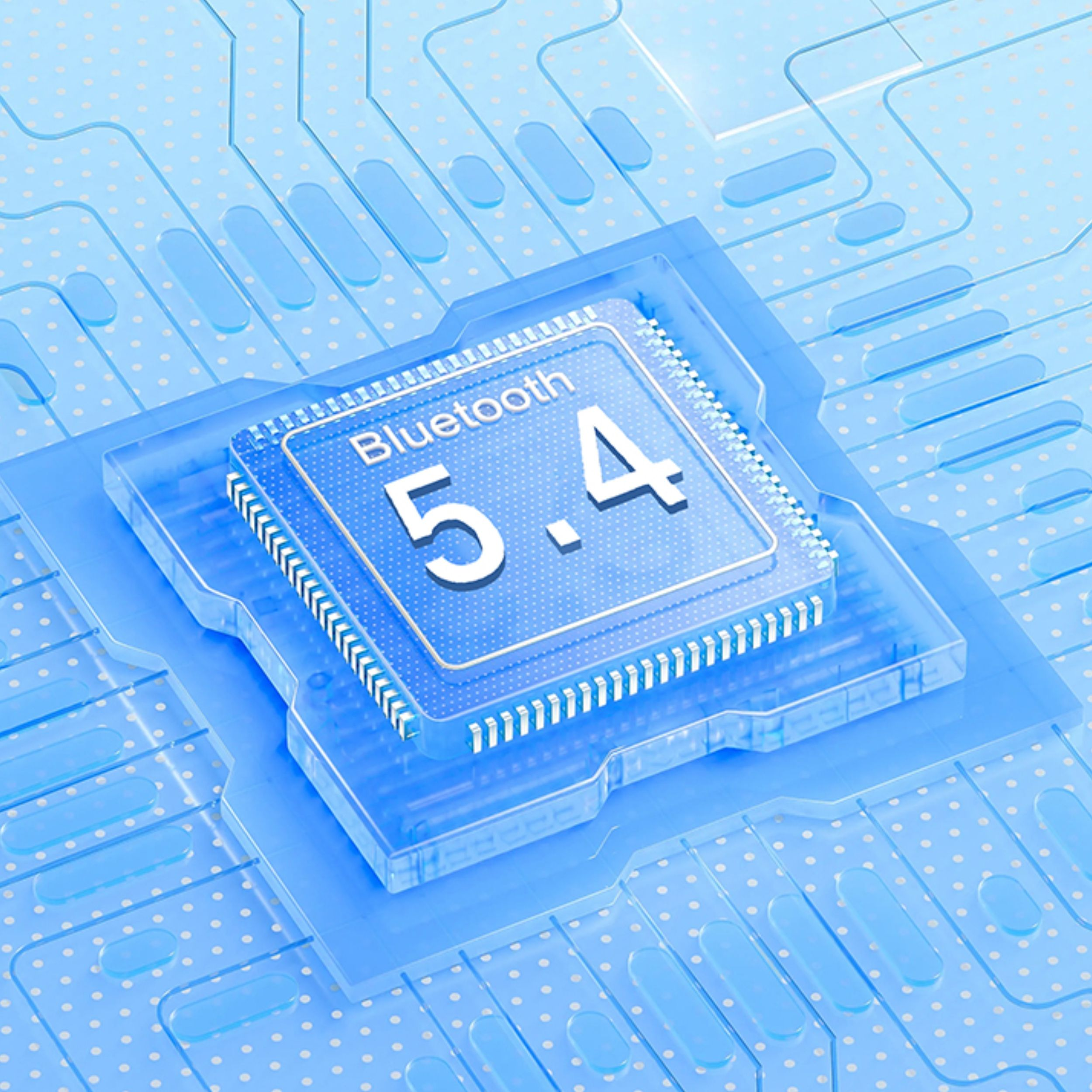 Niebieski chip z napisem "Bluetooth 5.4" na płytce drukowanej.