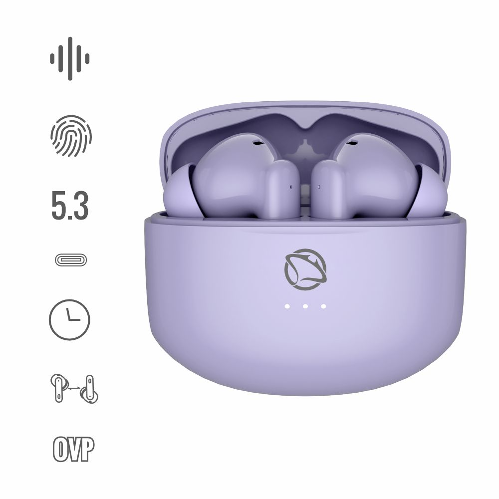 Lawendowe słuchawki w otwartym etui z ikonami dźwięku, odcisku palca, 5.3, USB-C, minutnika i OVP.