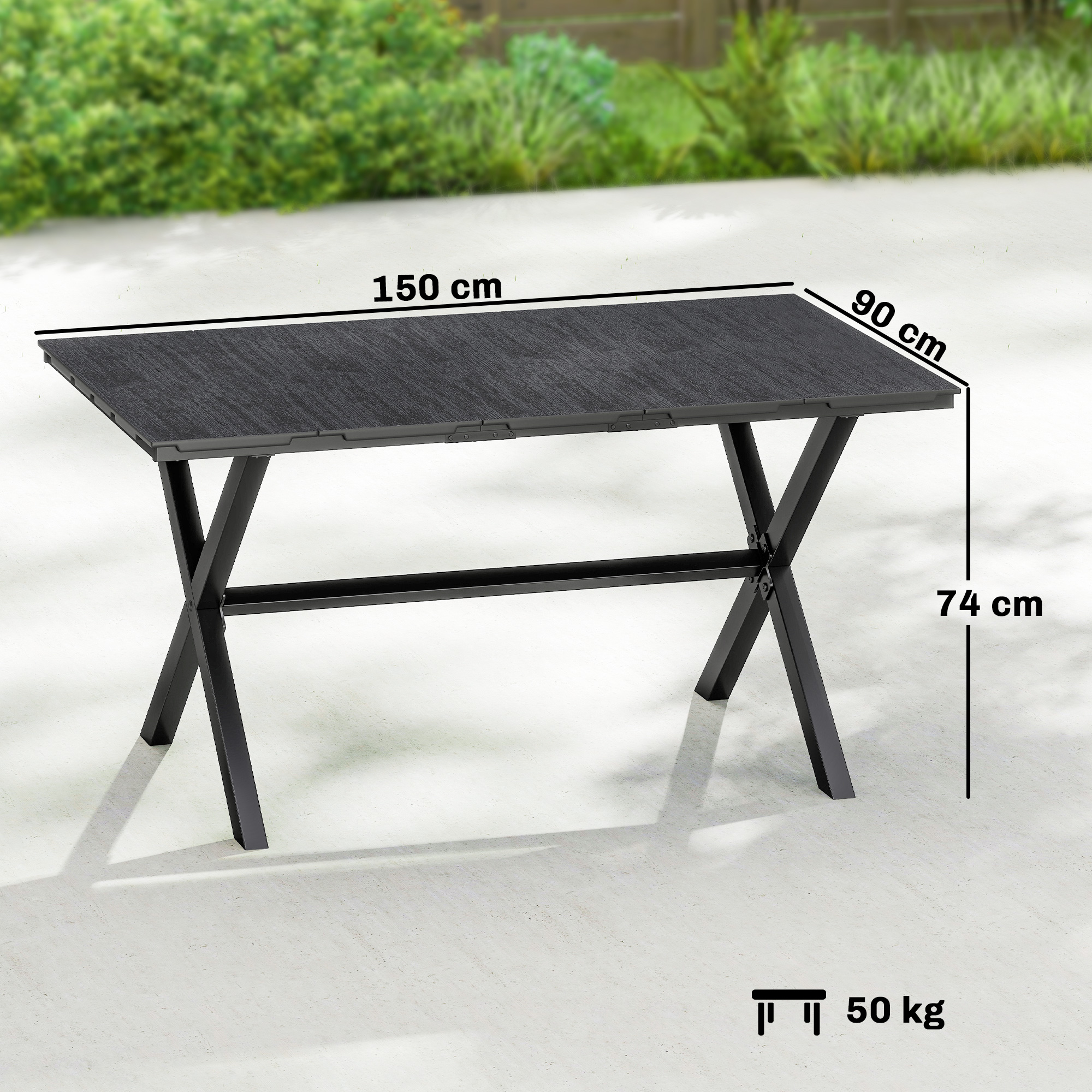 Mesa negra con patas en X, 150x90x74 cm, 50 kg.
